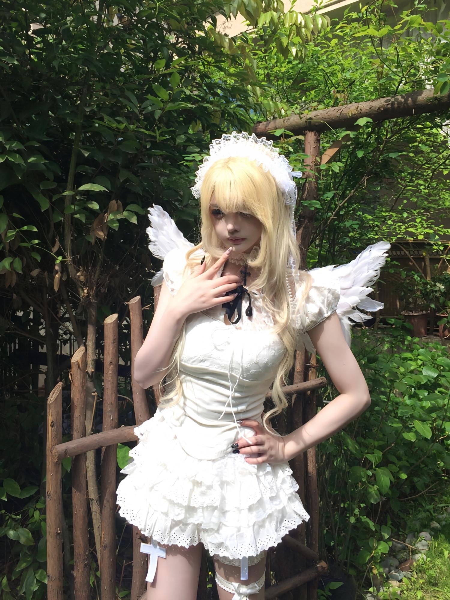 Sub Era Lace Spliced Bow Short Sleeve Tiered Women's Polyester Matching Skirt Sets