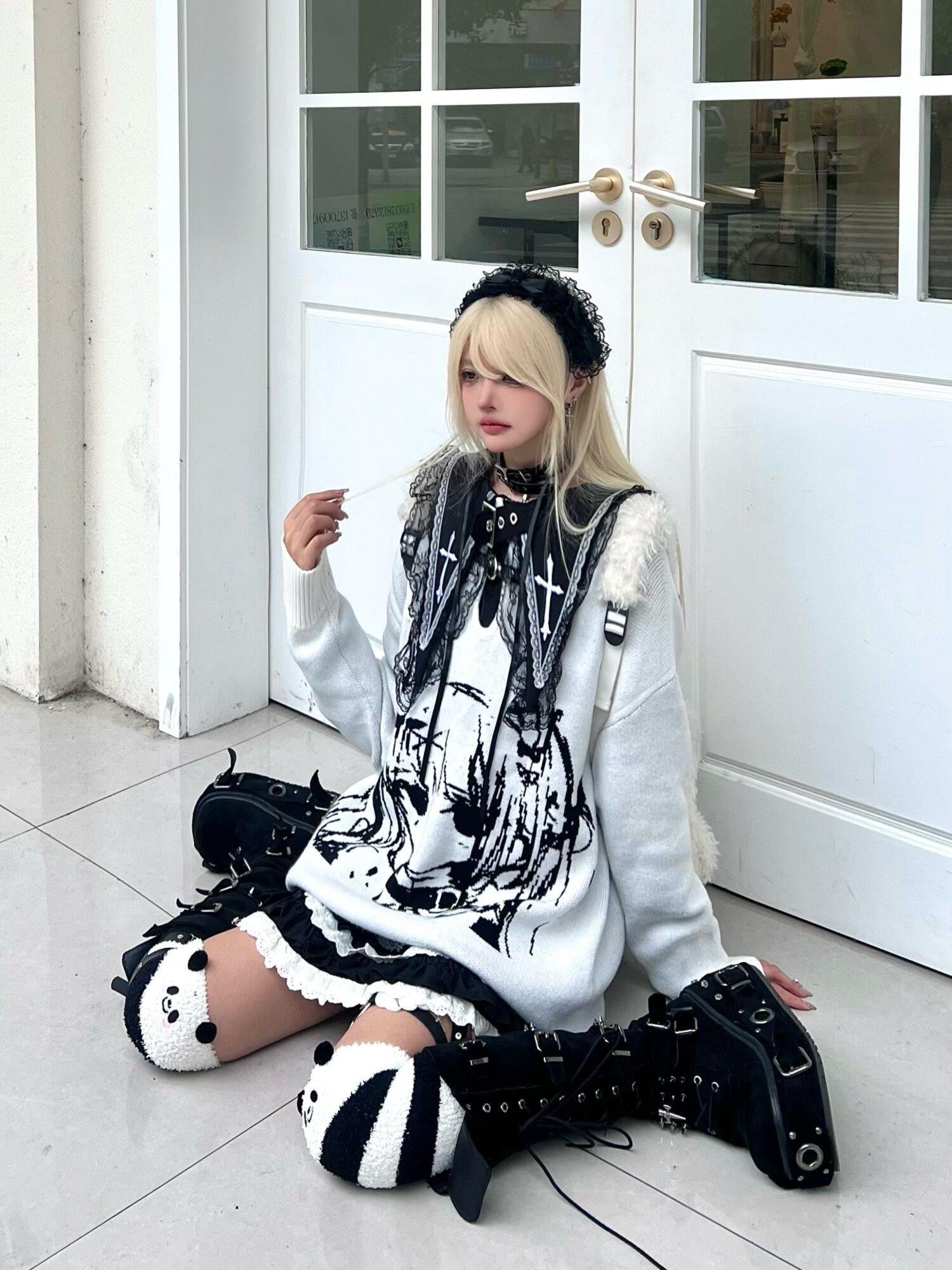Sub Era Line Art Anime Print Sailor Collar Slouchy Knit Women's Polyester Sweaters