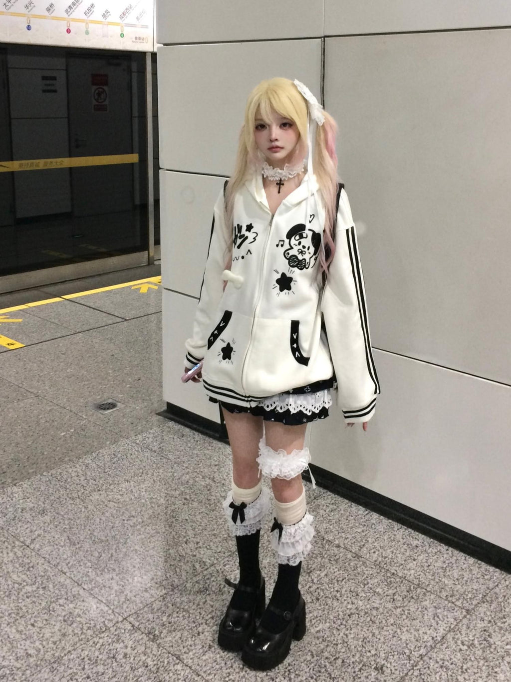 Sub Era Long Ear Hood Anime Print Panelled Loose Women's Polyester Zip-up Hoodies