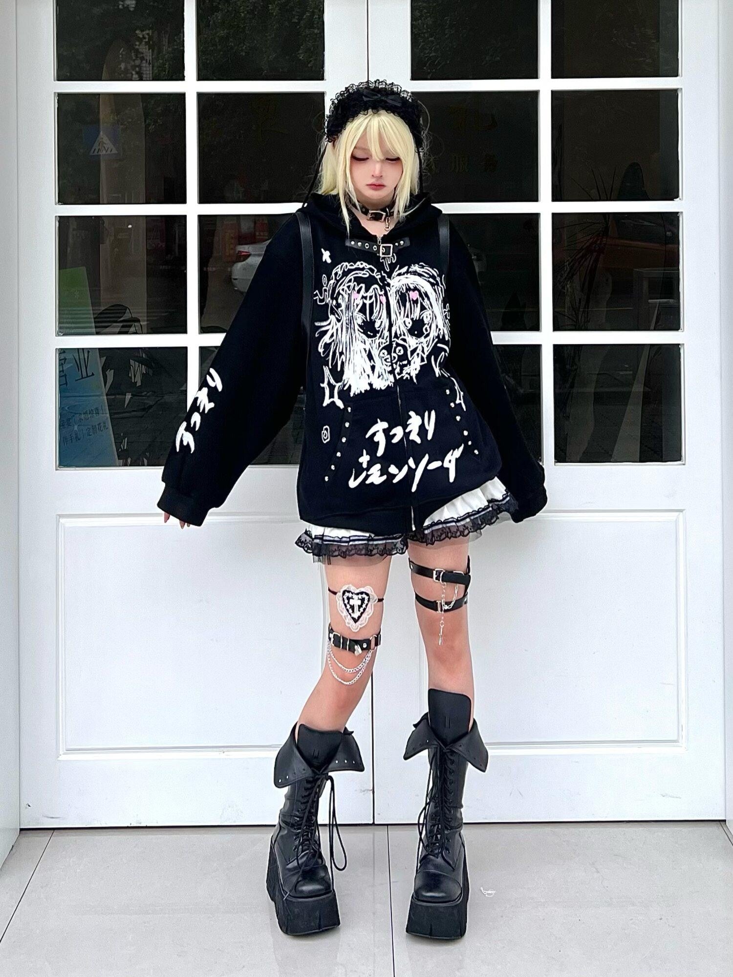 Sub Era Manga Dark Goth Leather Buckle Oversized Women's Cotton Blend Zip-up Hoodies