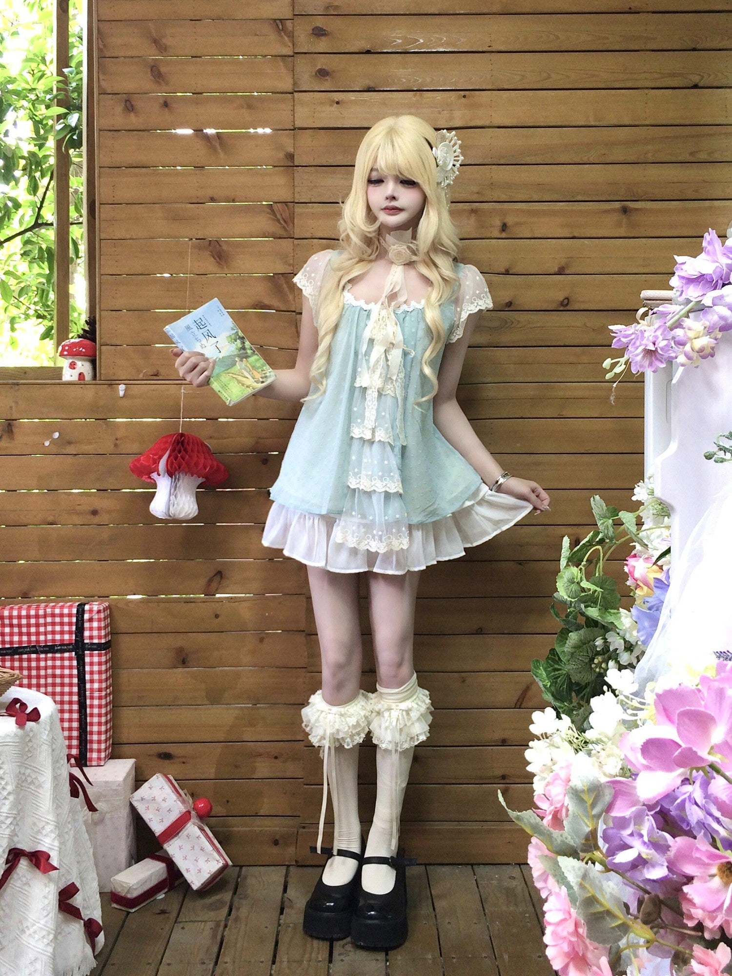 Sub Era Mint Green Lace Splice Flutter Sleeve Two Piece Women's Casual Mini Dresses