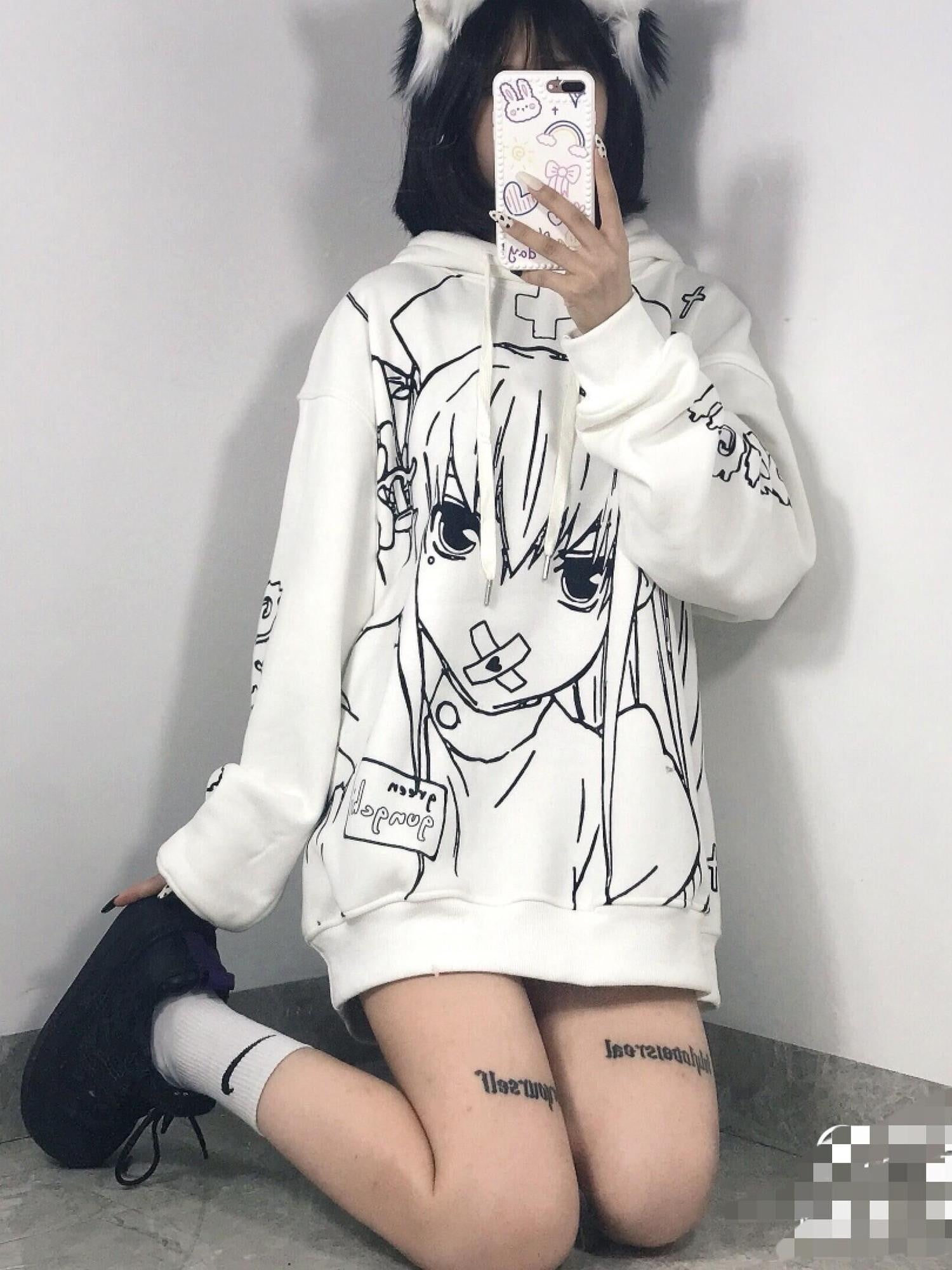 Sub Era Nurse Girl Anime Graffiti Hooded Loose Women's Polyester Fleece Hoodies