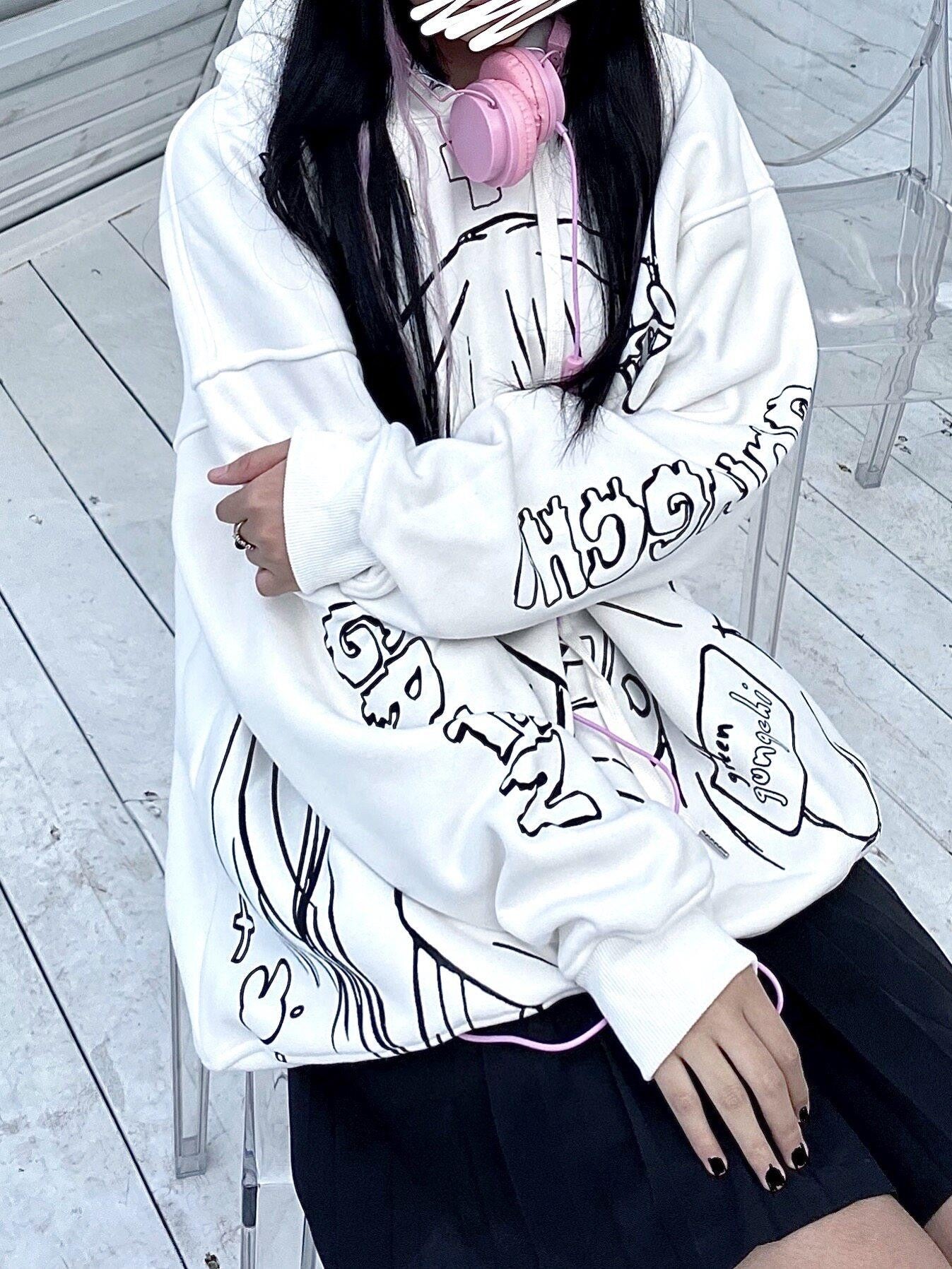 Sub Era Nurse Girl Anime Graffiti Hooded Loose Women's Polyester Fleece Hoodies