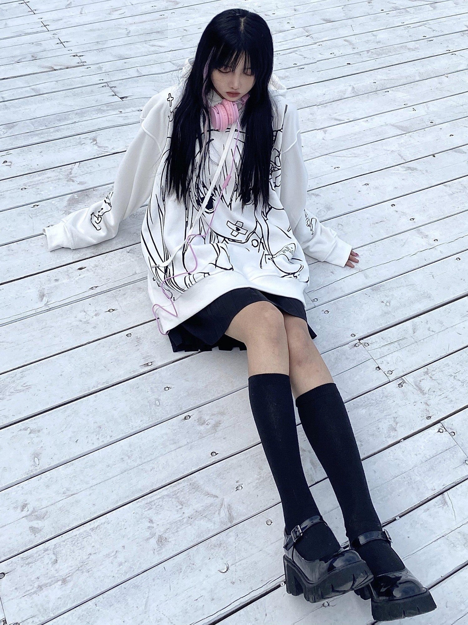 Sub Era Nurse Girl Anime Graffiti Hooded Loose Women's Polyester Fleece Hoodies