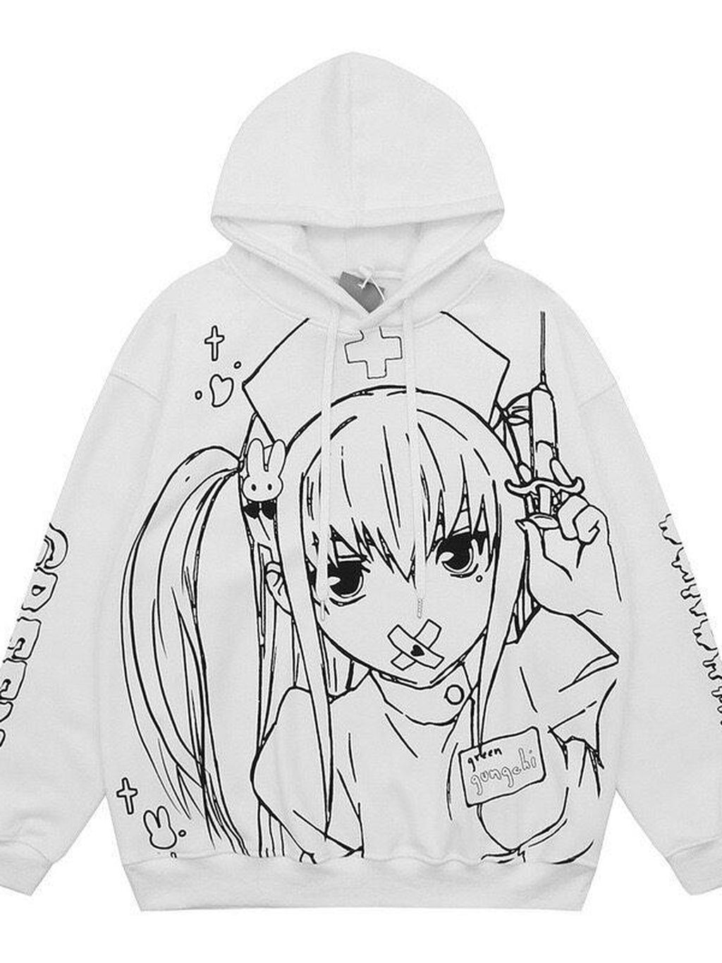 Sub Era Nurse Girl Anime Graffiti Hooded Loose Women's Polyester Fleece Hoodies