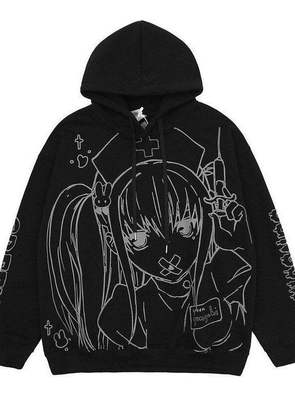 Sub Era Nurse Girl Anime Graffiti Hooded Loose Women's Polyester Fleece Hoodies