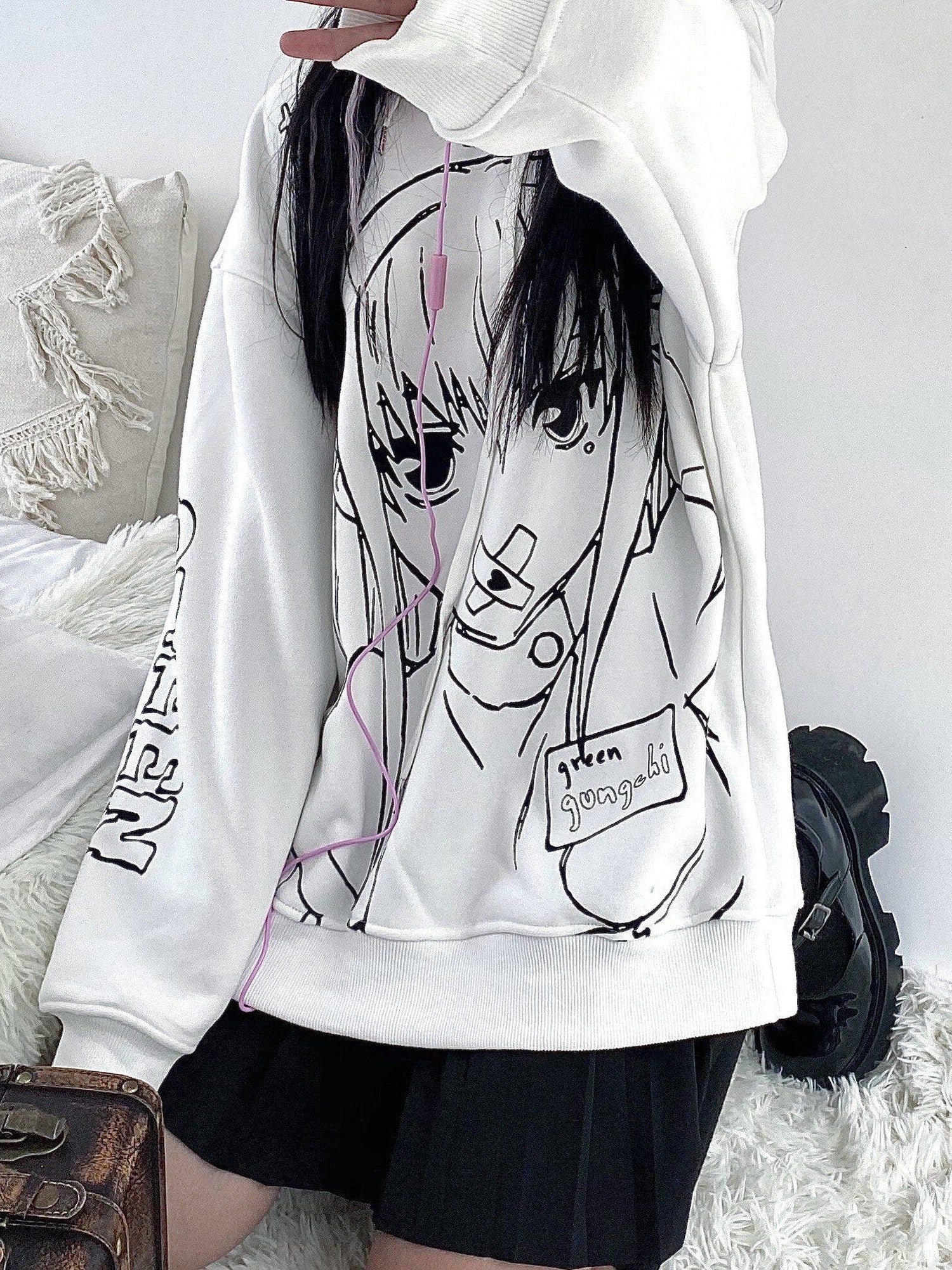 Sub Era Nurse Girl Anime Graffiti Hooded Loose Women's Polyester Fleece Hoodies