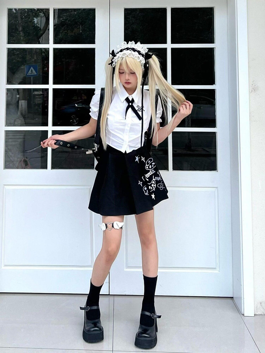 Sub Era Panda Nurse Printed Pleated Stand Collar Slim Women's Cotton Matching Skirt Sets