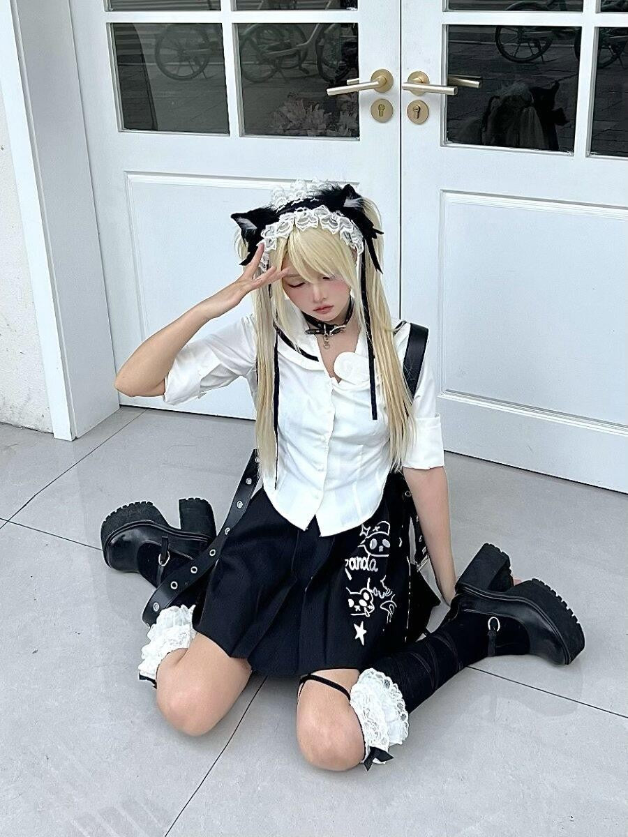 Sub Era Panda Nurse Printed Pleated Stand Collar Slim Women's Cotton Matching Skirt Sets