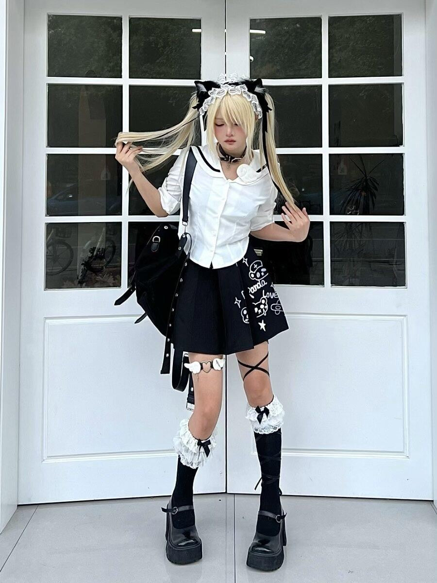 Sub Era Panda Nurse Printed Pleated Stand Collar Slim Women's Cotton Matching Skirt Sets