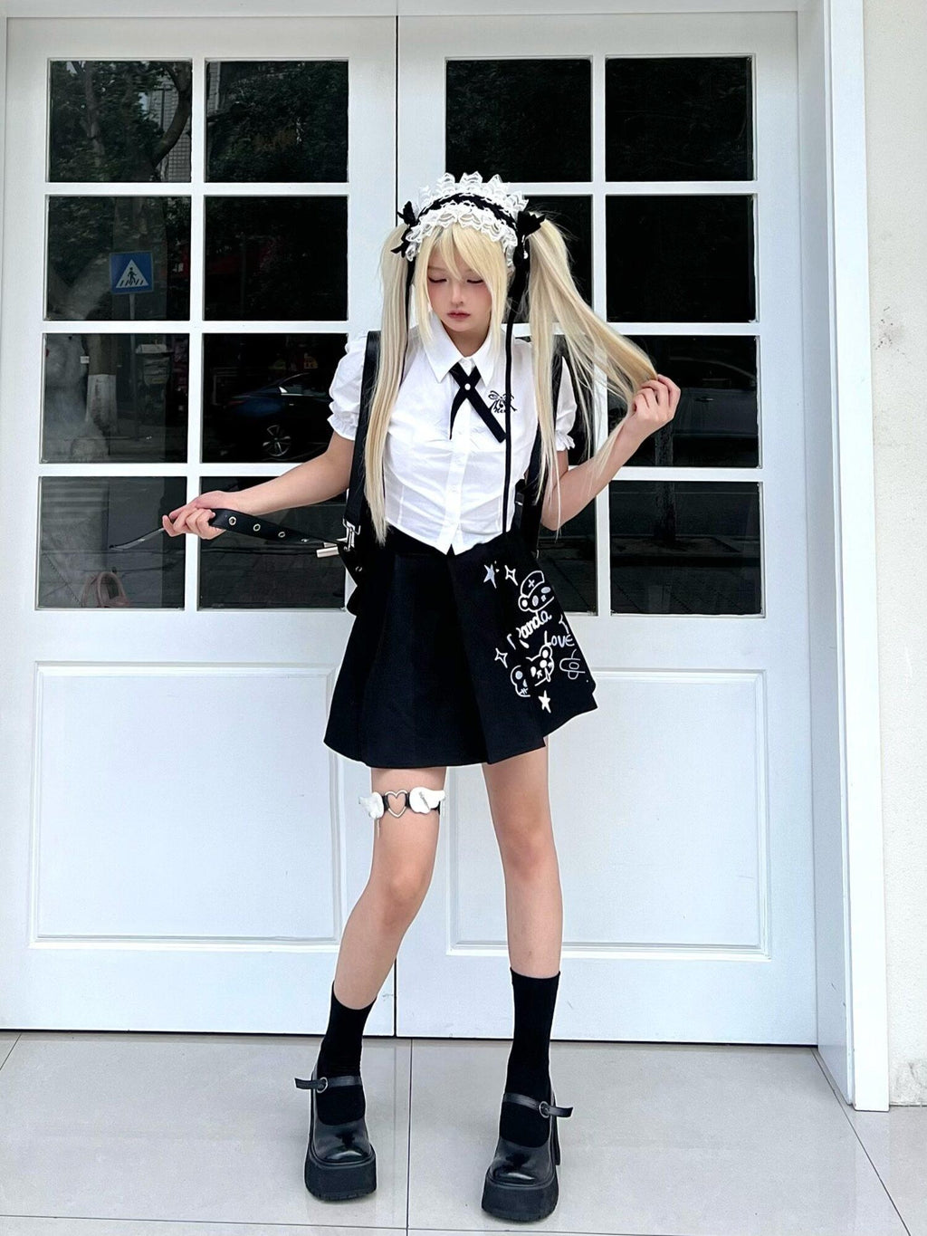 Sub Era Panda Nurse Printed Pleated Stand Collar Slim Women's Cotton Matching Skirt Sets