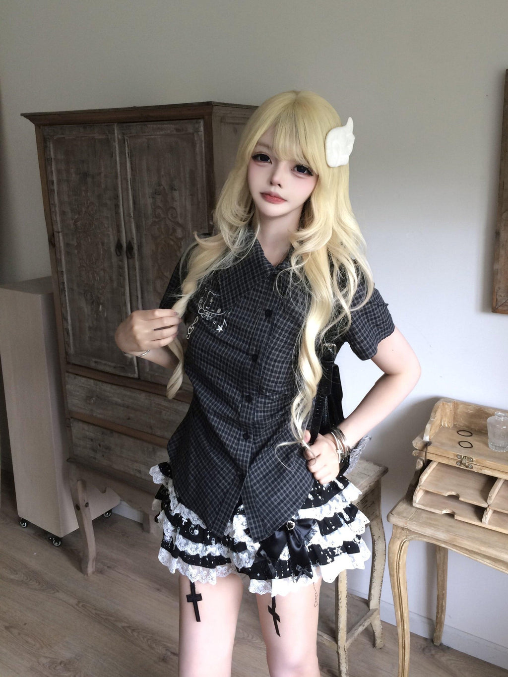 Sub Era Plaid Turn Down Collar Short Sleeve Slim Fit Women's Polyester Blouses