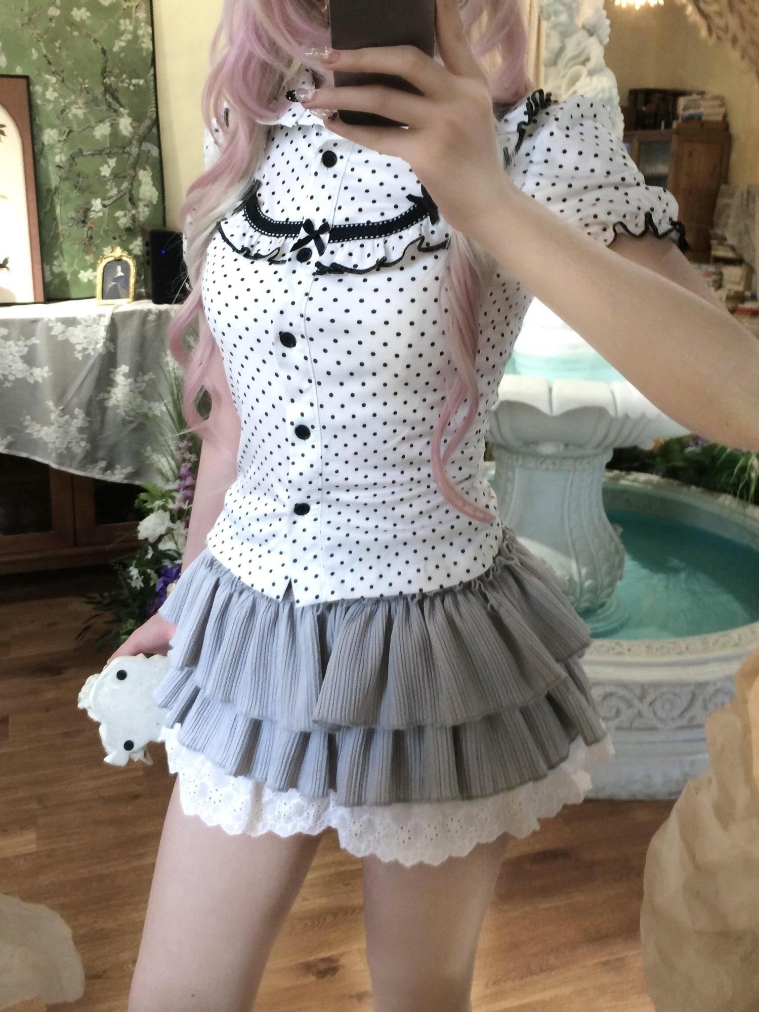 Sub Era Polka Dot Polo Puff Sleeve Cinched Waist Women's Short Sleeve T-shirts