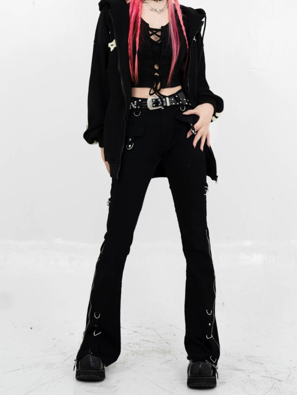 Sub Era Punk Zipper Low Rise Pocket Slimming Women's Polyester Slim Jeans