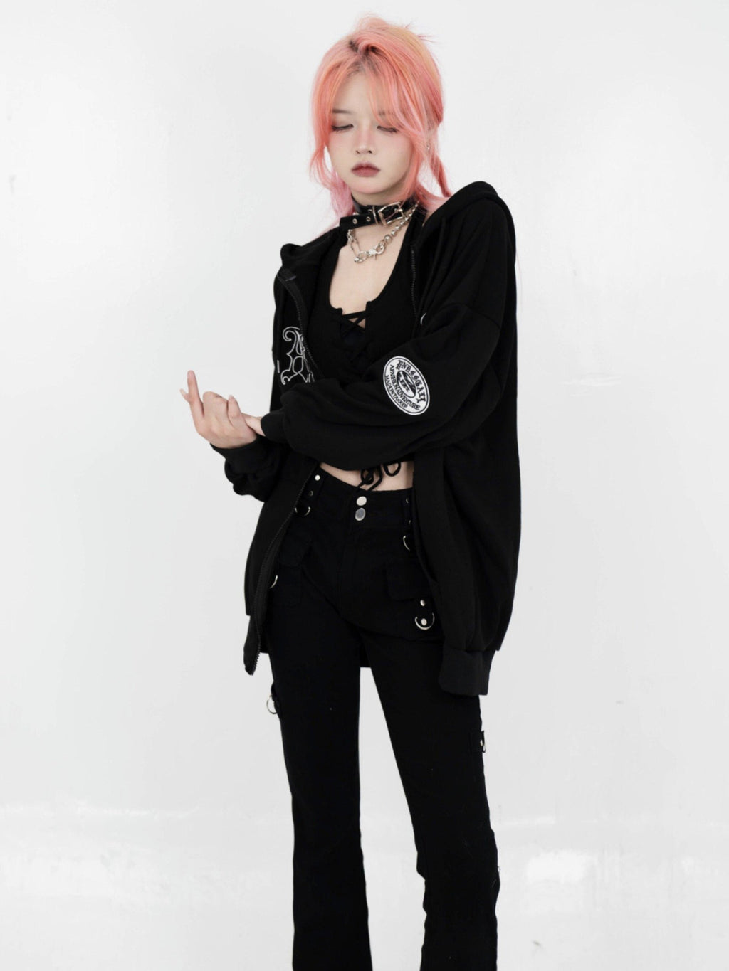 Sub Era Punk Zipper Low Rise Pocket Slimming Women's Polyester Slim Jeans
