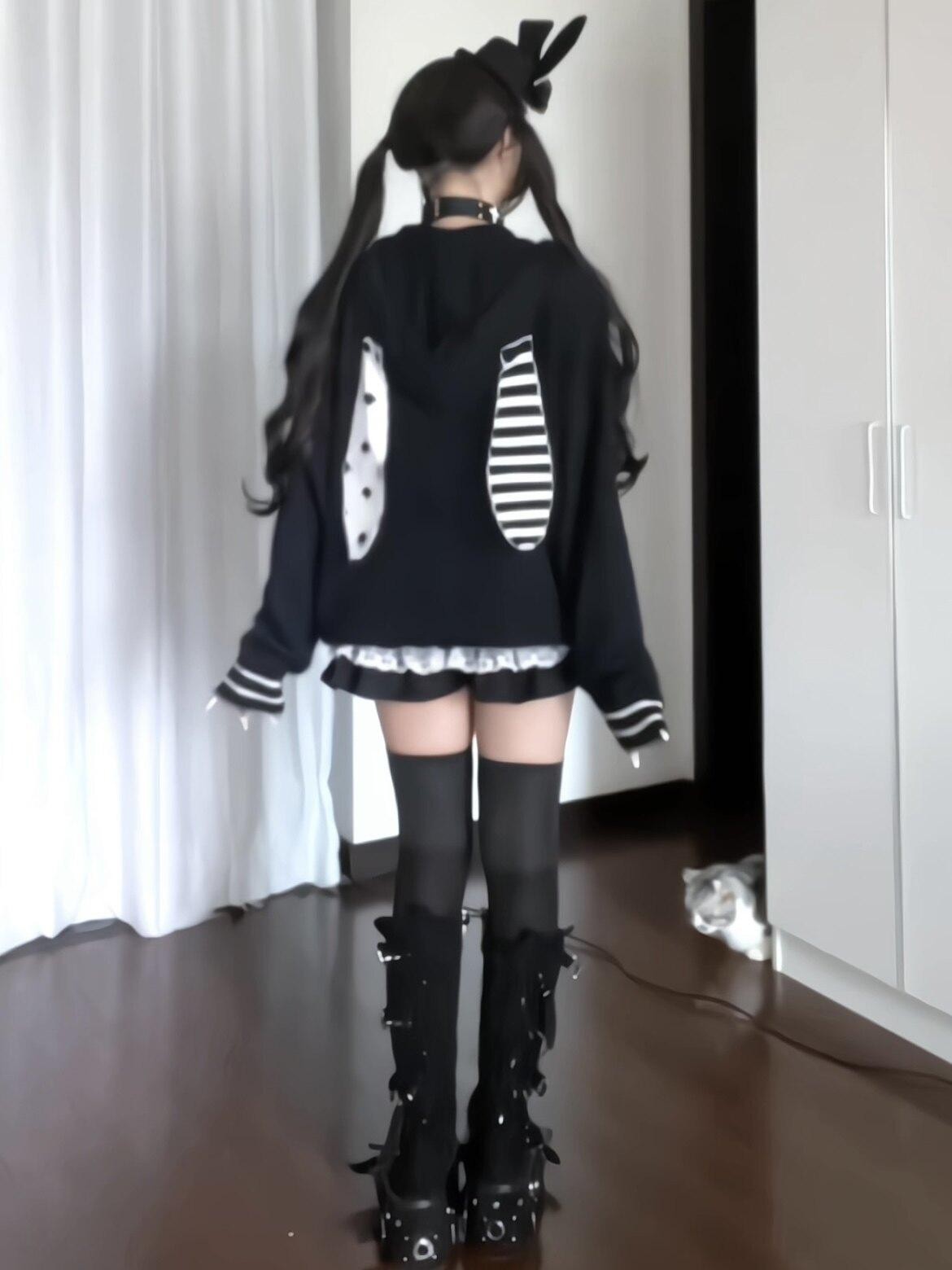 Sub Era Rabbit Ear Plush Printed Patchwork Faux Two Piece Women's Polyester Cardigans
