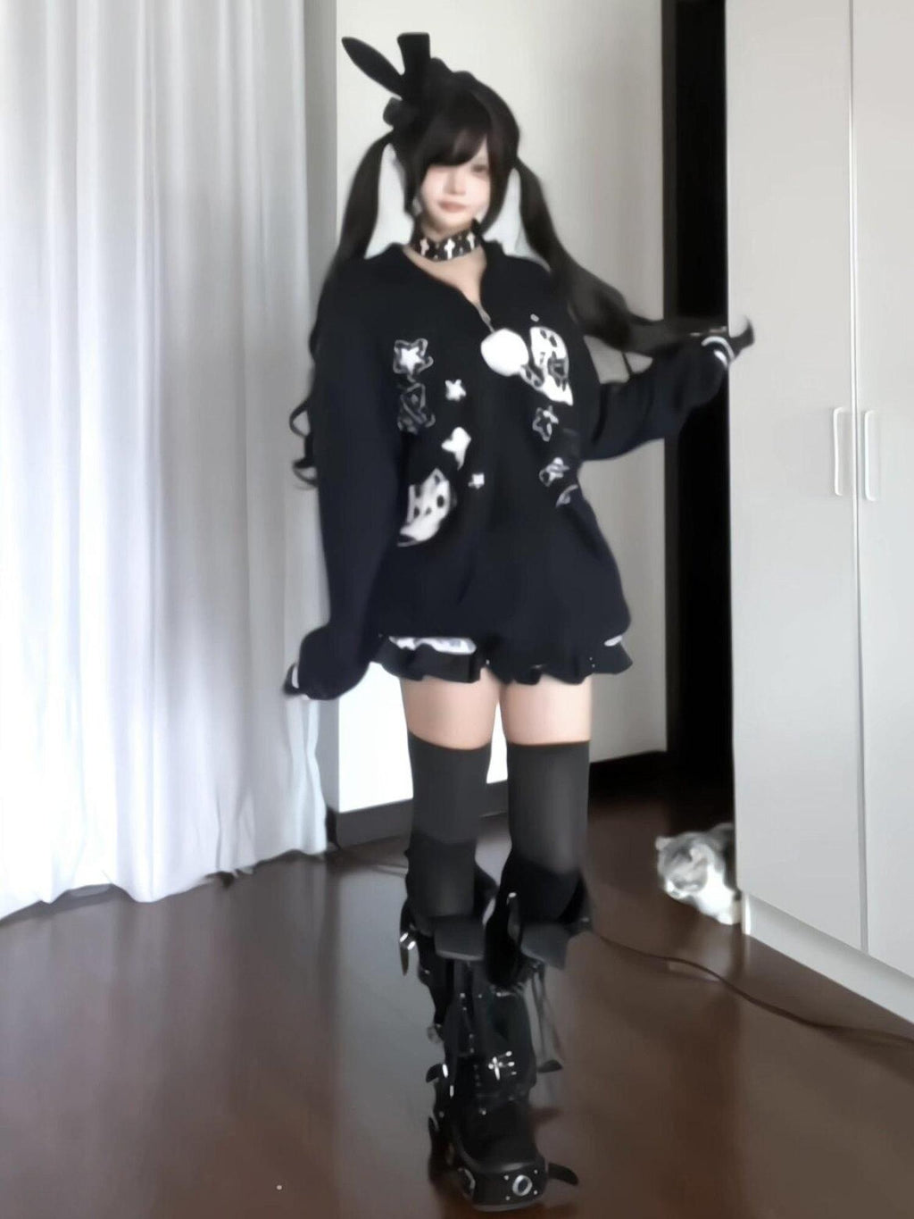 Sub Era Rabbit Ear Plush Printed Patchwork Faux Two Piece Women's Polyester Cardigans