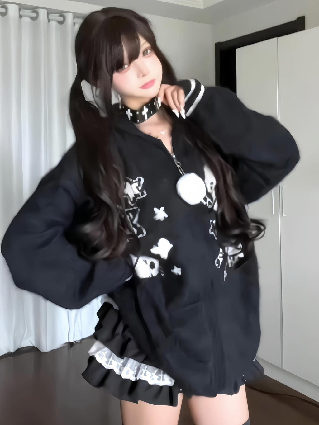 Sub Era Rabbit Ear Plush Printed Patchwork Faux Two Piece Women's Polyester Cardigans