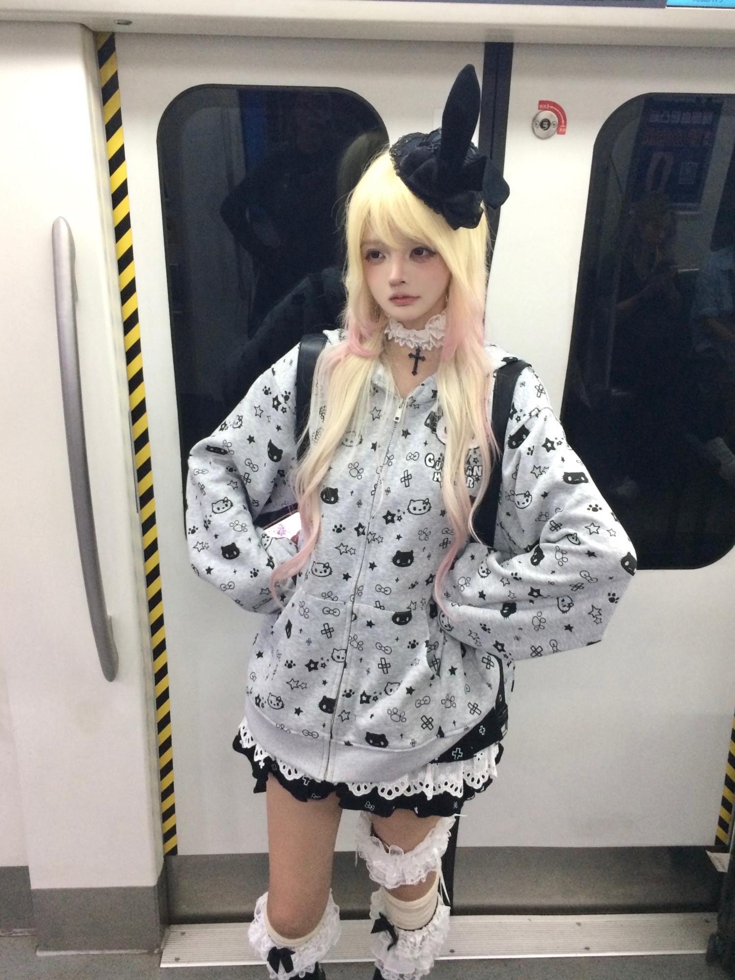 Sub Era Rabbit Ear Star Print Patchwork Loose Women's Polyester Zip-up Hoodies