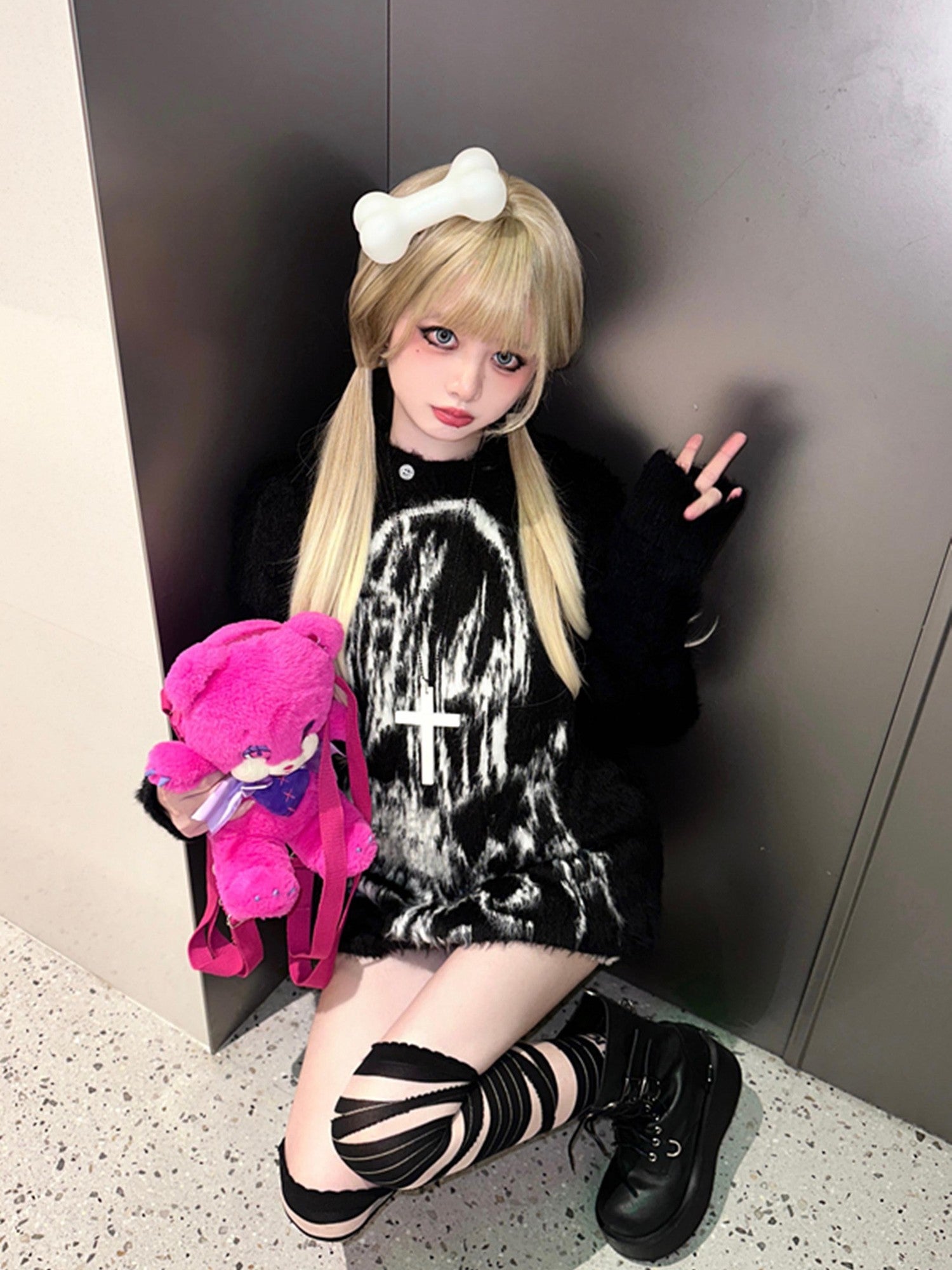 Sub Era Rabbit Ear Wings Anime Print Hooded Loose Fit Women's Plush Sweaters