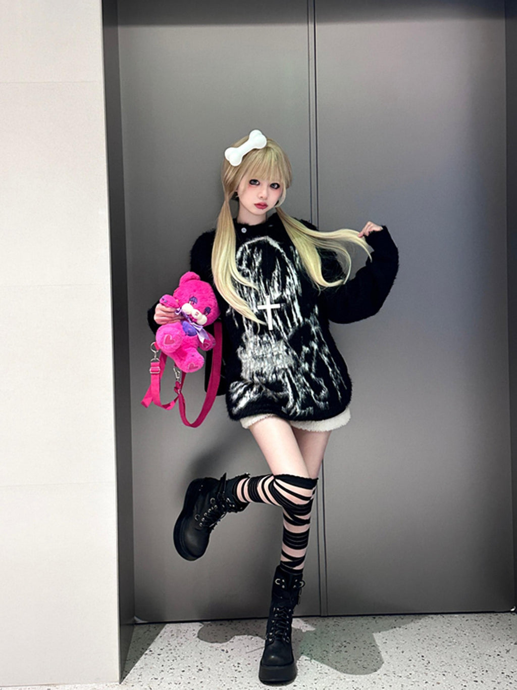 Sub Era Rabbit Ear Wings Anime Print Hooded Loose Fit Women's Plush Sweaters