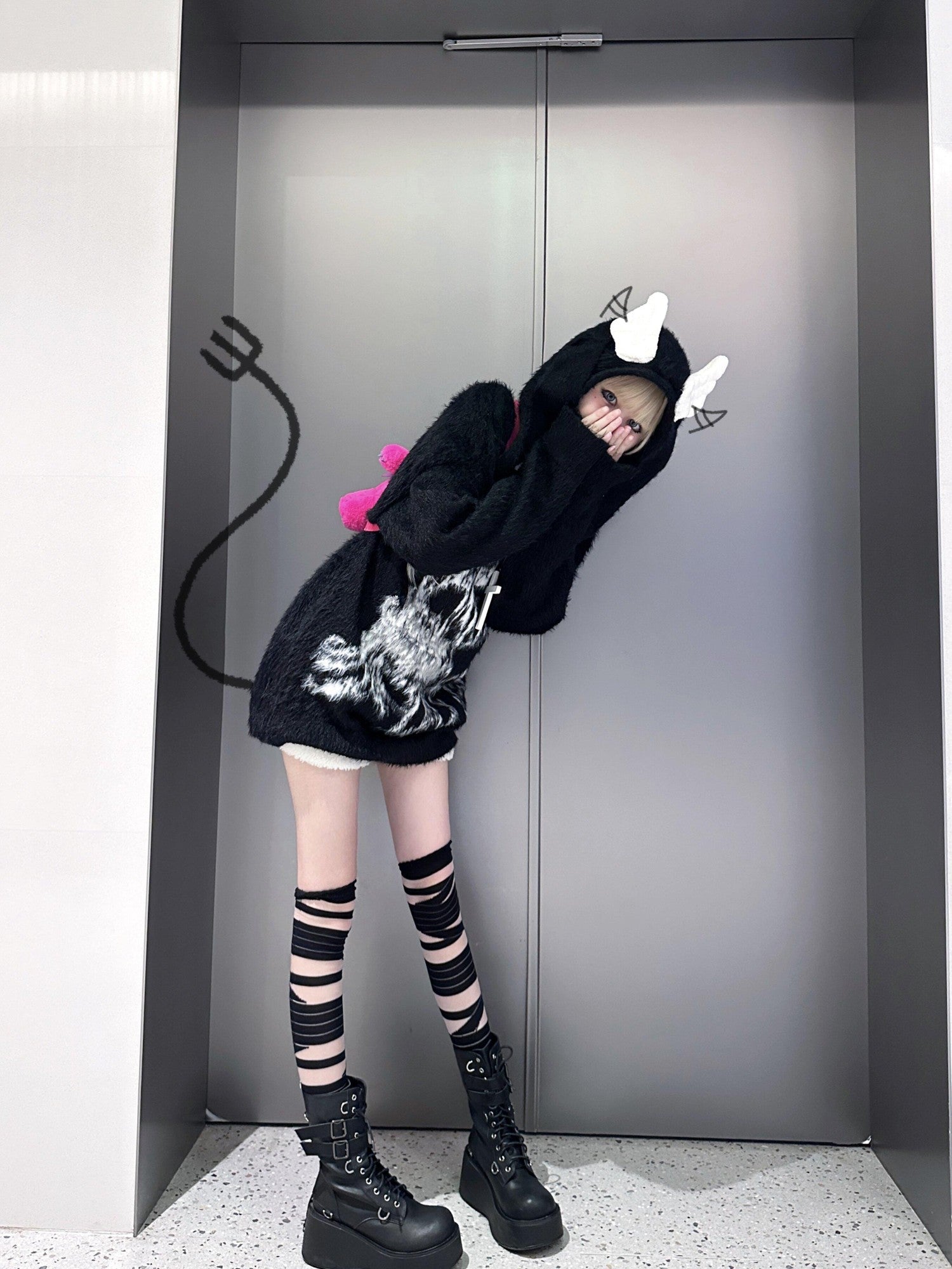 Sub Era Rabbit Ear Wings Anime Print Hooded Loose Fit Women's Plush Sweaters