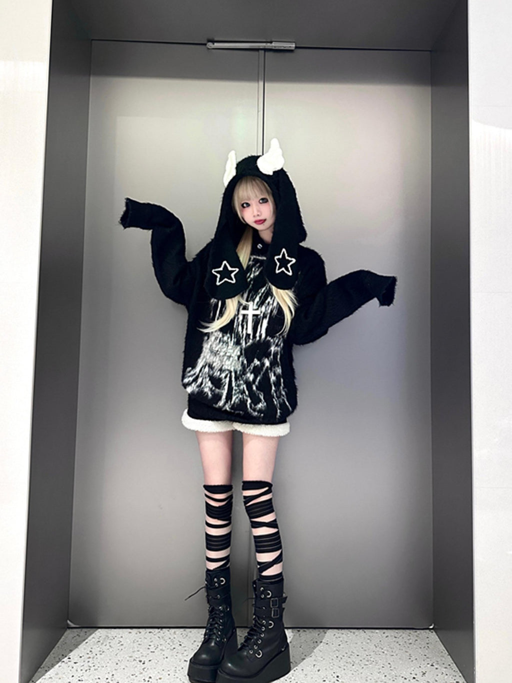 Sub Era Rabbit Ear Wings Anime Print Hooded Loose Fit Women's Plush Sweaters