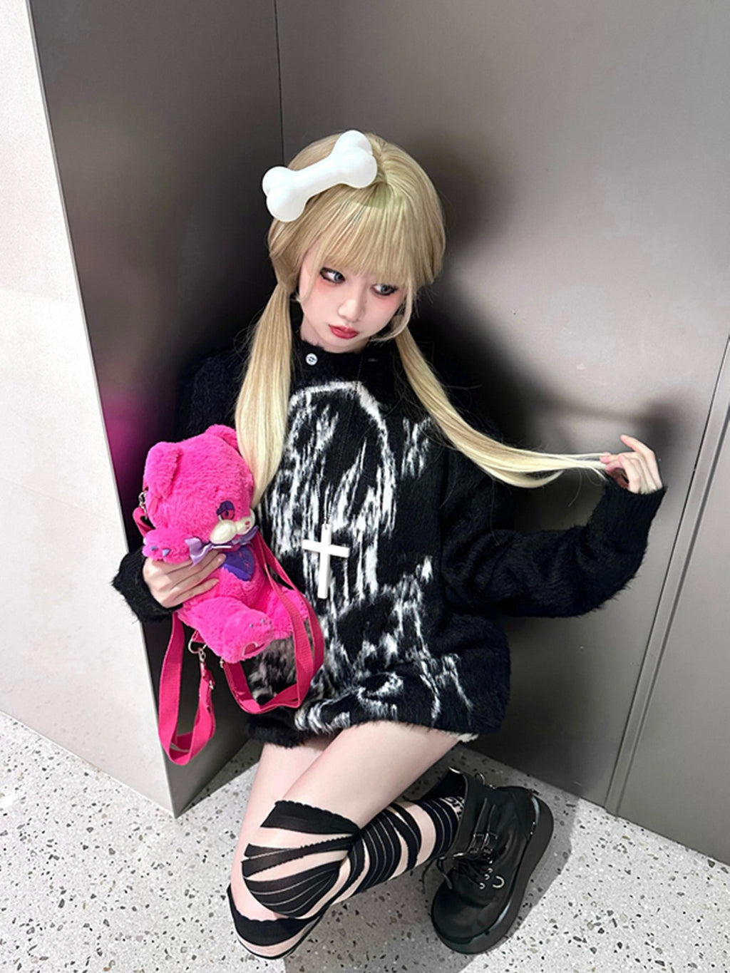 Sub Era Rabbit Ear Wings Anime Print Hooded Loose Fit Women's Plush Sweaters