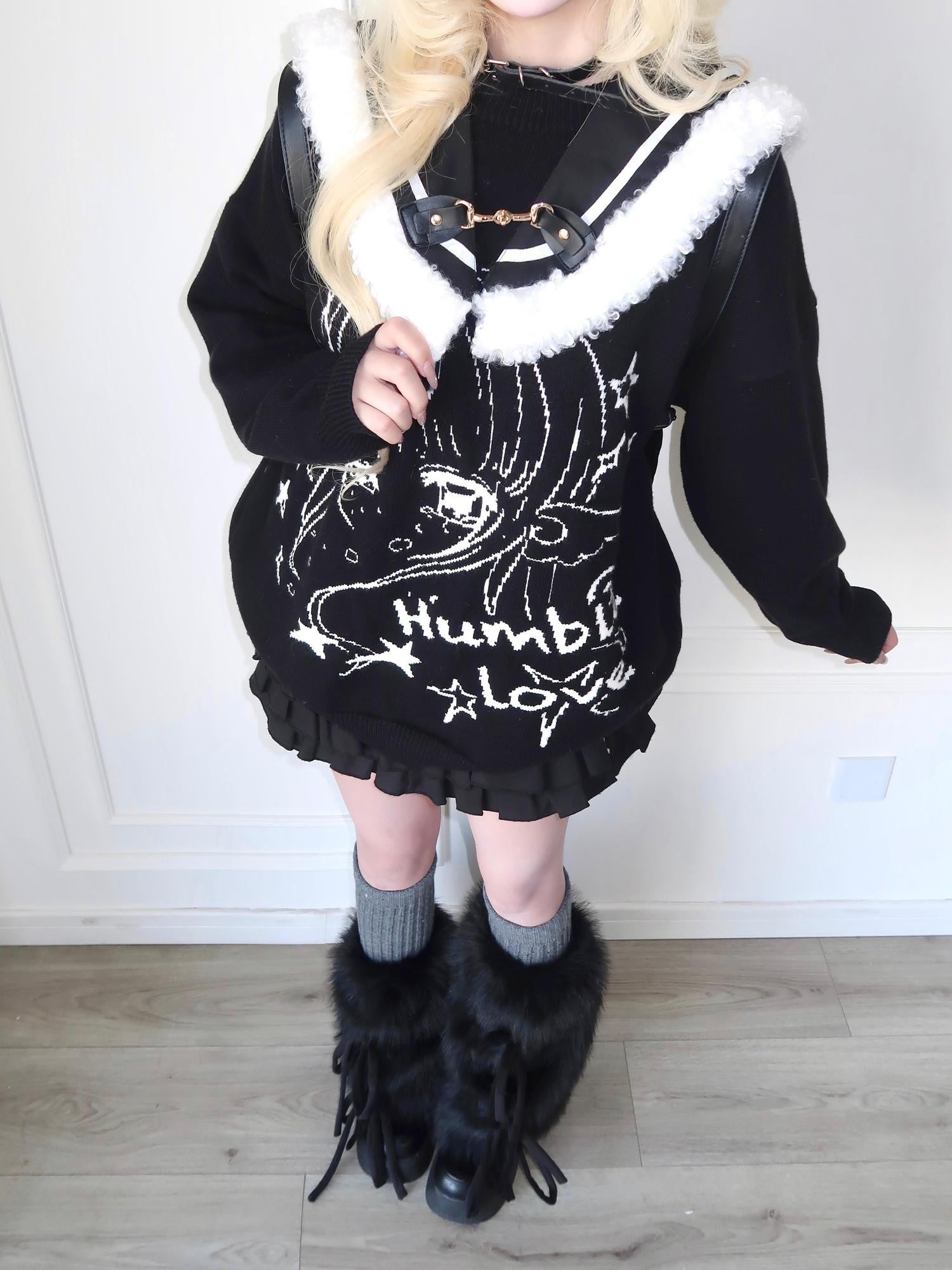 Sub Era Soft Girl Otaku Navy Fur Collar Cartoon Print Women's Polyester Sweaters