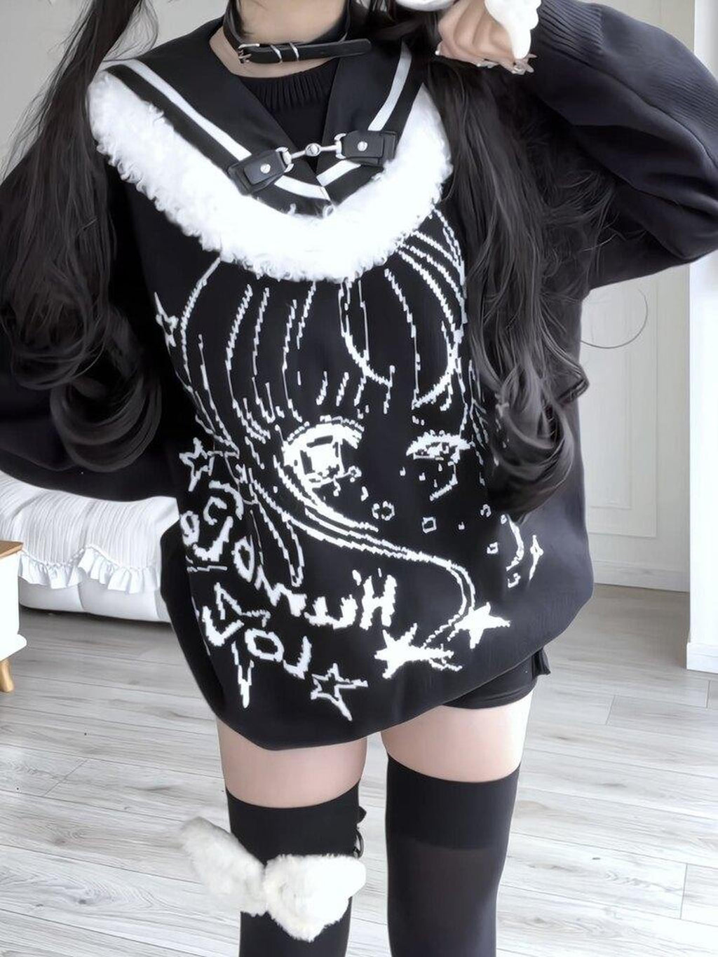 Sub Era Soft Girl Otaku Navy Fur Collar Cartoon Print Women's Polyester Sweaters