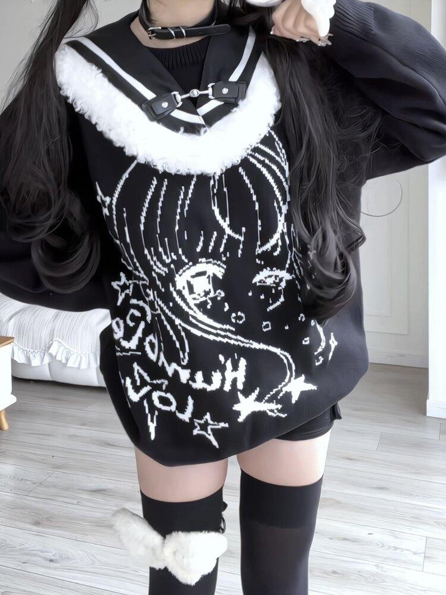 Sub Era Soft Girl Otaku Navy Fur Collar Cartoon Print Women's Polyester Sweaters