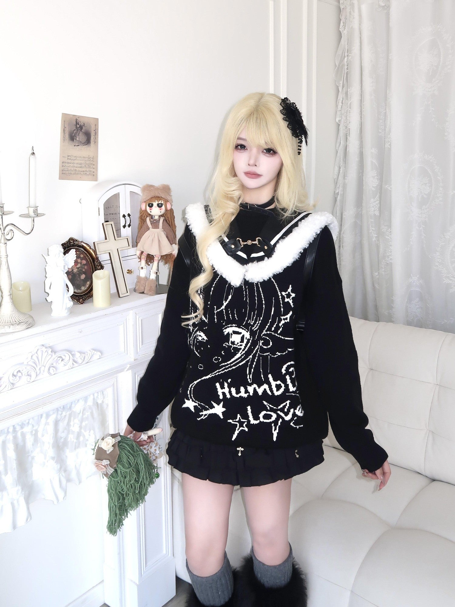 Sub Era Soft Girl Otaku Navy Fur Collar Cartoon Print Women's Polyester Sweaters