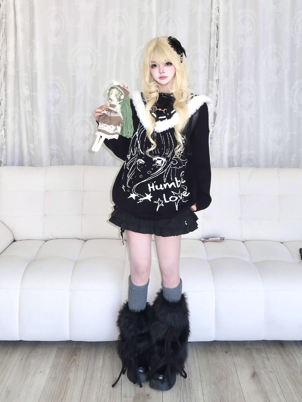 Sub Era Soft Girl Otaku Navy Fur Collar Cartoon Print Women's Polyester Sweaters