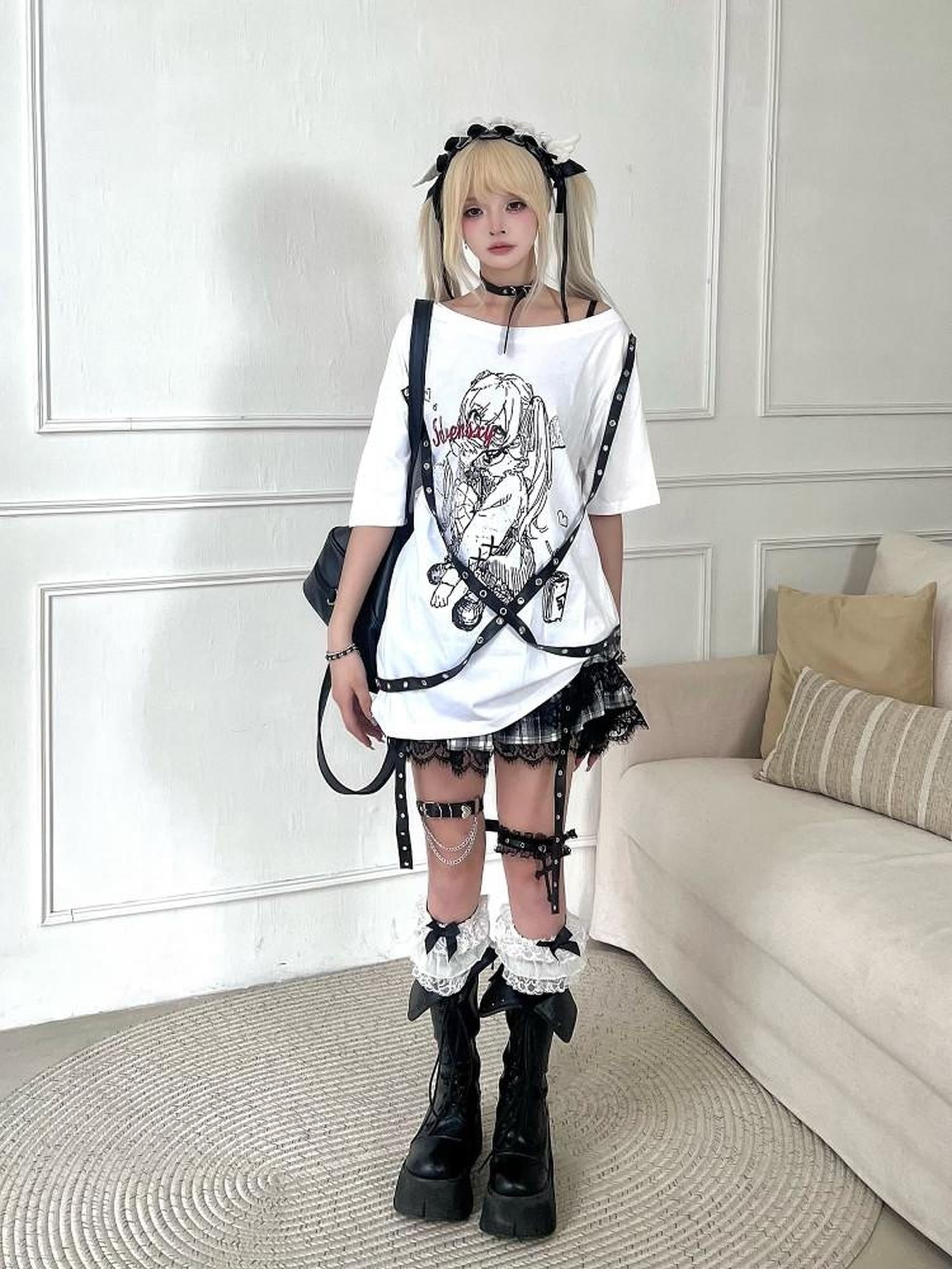 Sub Era Street Style Creative Print Loose Fit Women's Cotton Off-shoulder T-shirts