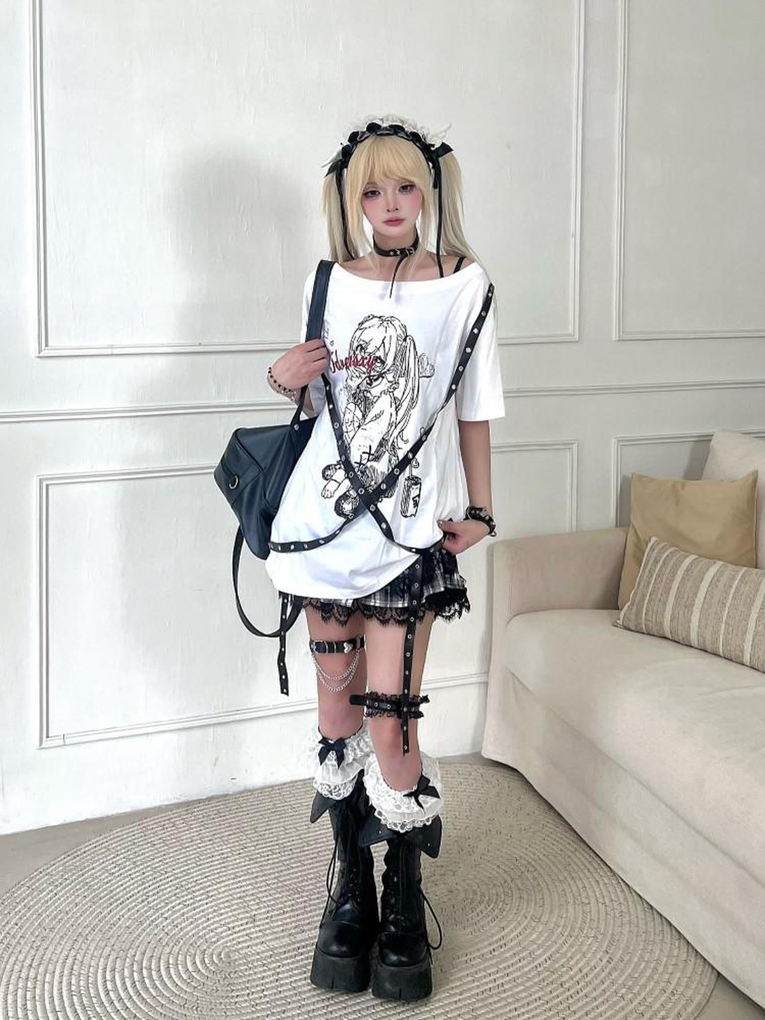 Sub Era Street Style Creative Print Loose Fit Women's Cotton Off-shoulder T-shirts
