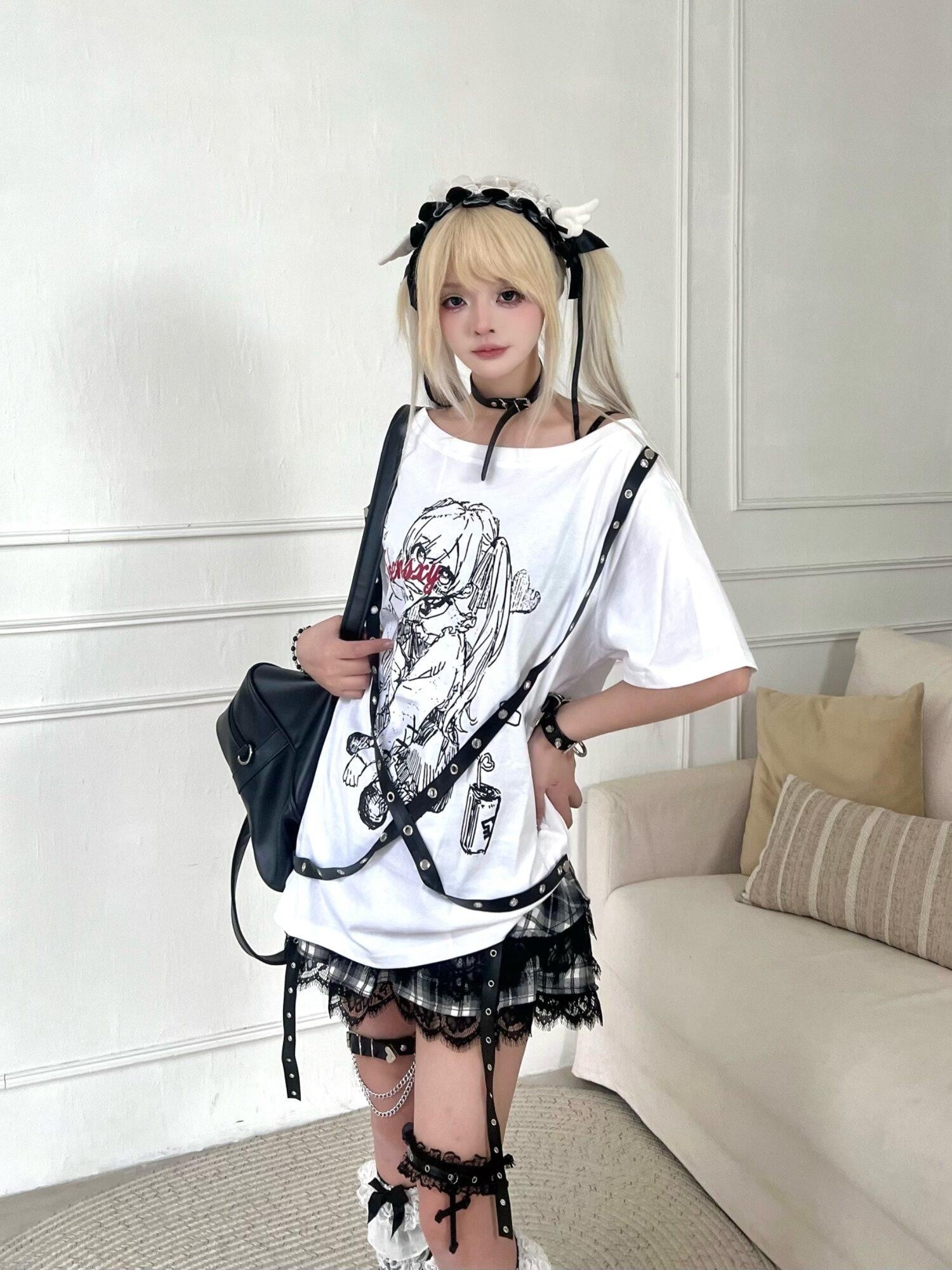 Sub Era Street Style Creative Print Loose Fit Women's Cotton Off-shoulder T-shirts