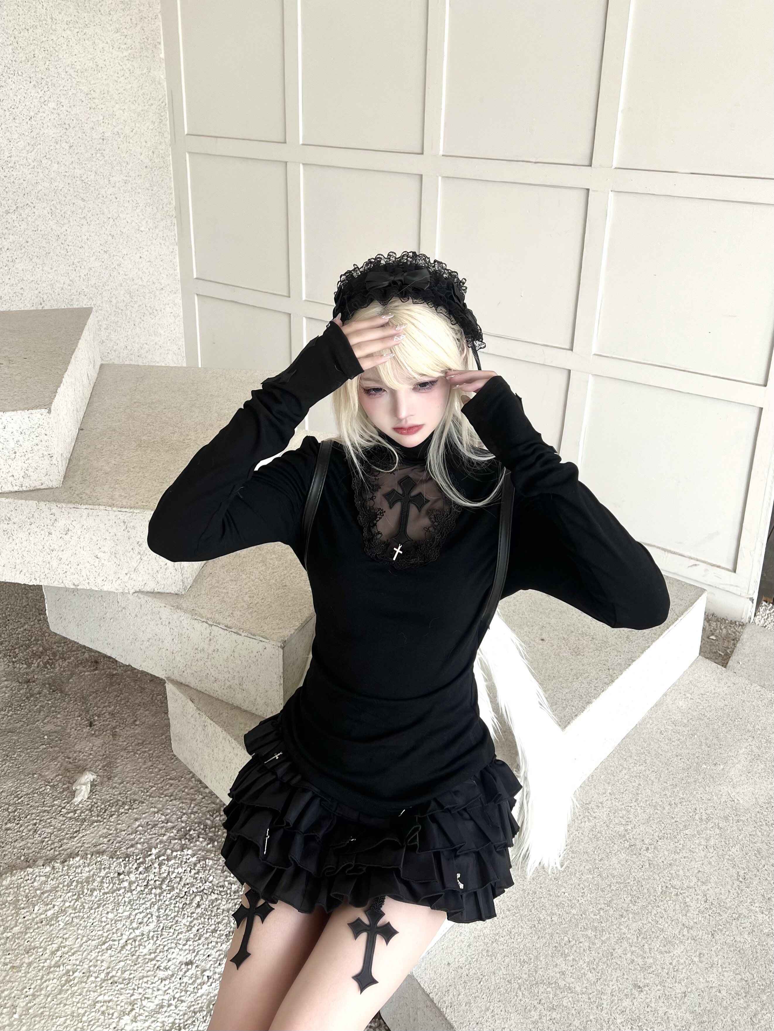 Sub_Era_Us_Retro_Cross_Cutout_Lace_Mock_Neck_Women's_Polyester_Long_Sleeve_T-shirts_912332302597_MISSTT