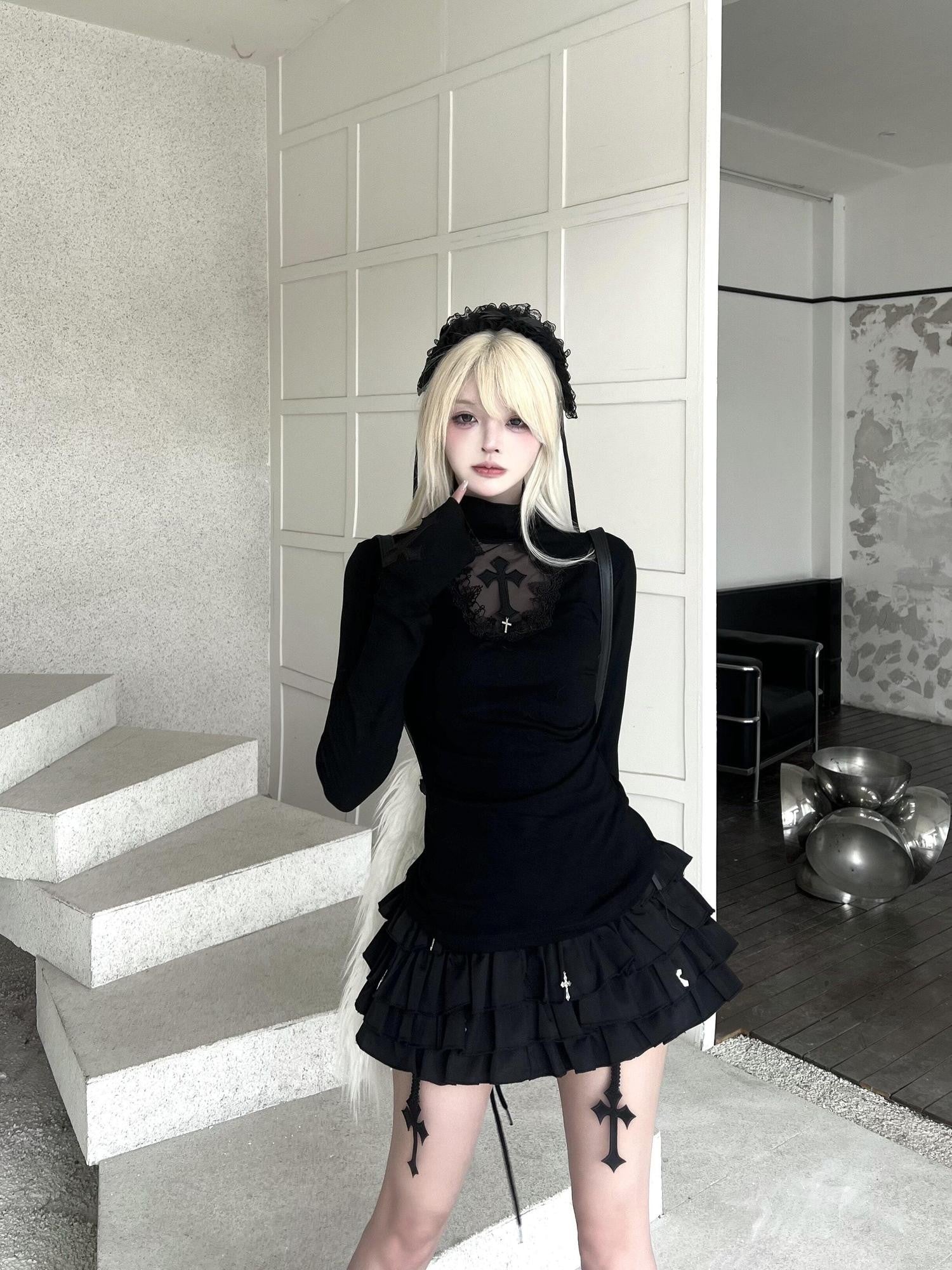 Sub Era Us Retro Cross Cutout Lace Mock Neck Women's Polyester Long Sleeve T-shirts