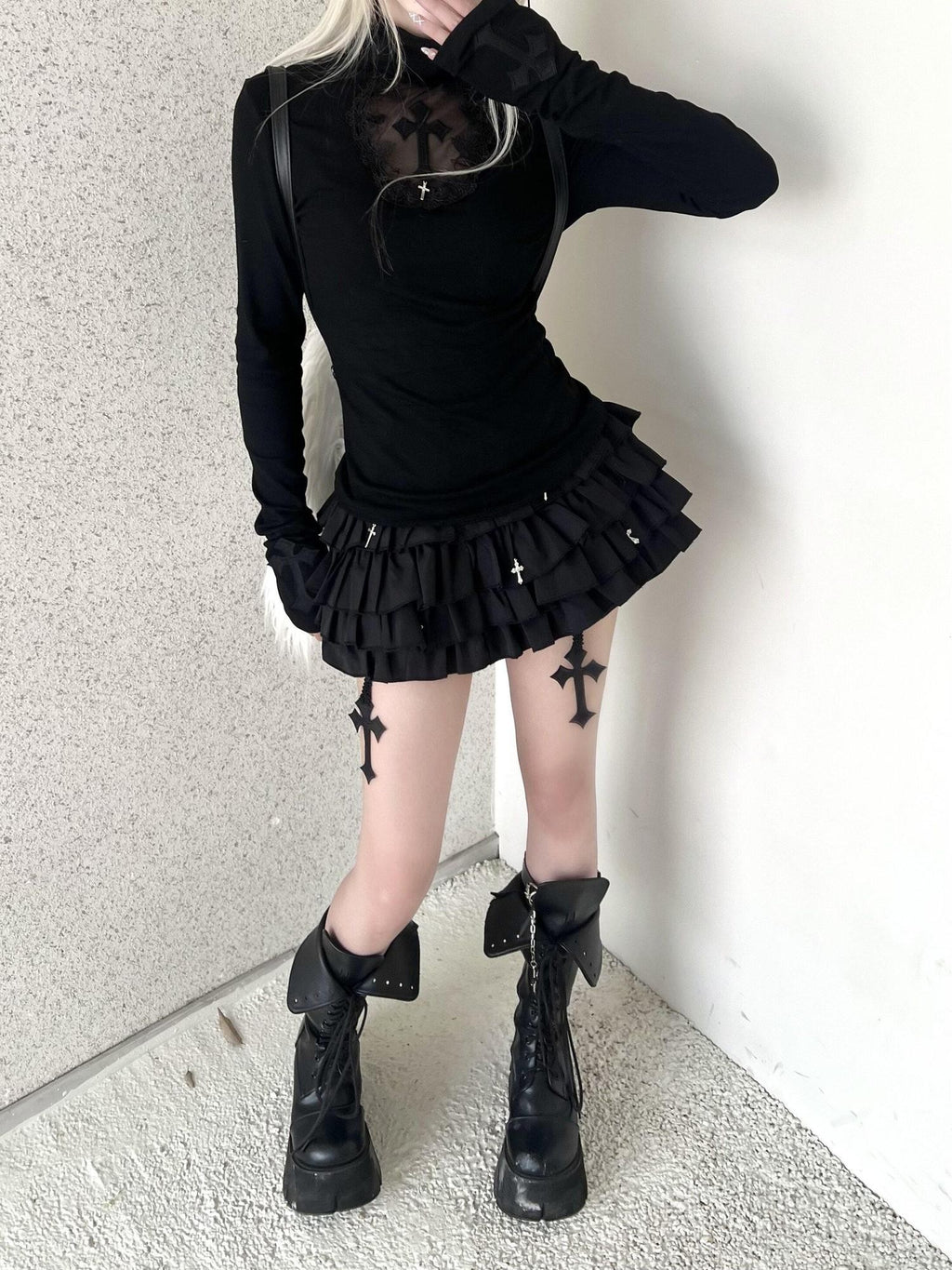 Sub Era Us Retro Cross Cutout Lace Mock Neck Women's Polyester Long Sleeve T-shirts