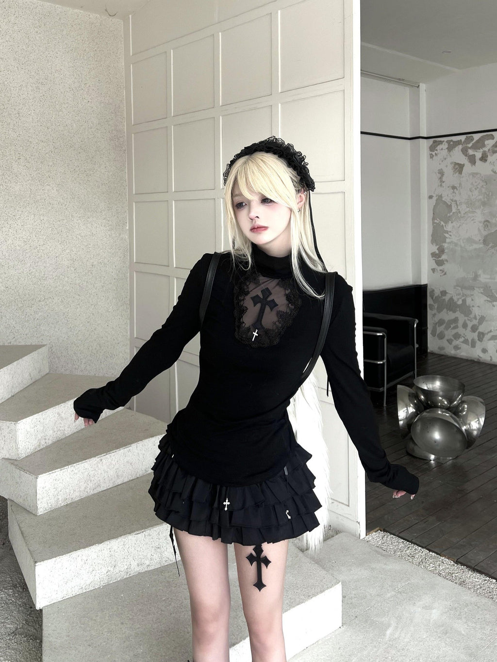 Sub Era Us Retro Cross Cutout Lace Mock Neck Women's Polyester Long Sleeve T-shirts