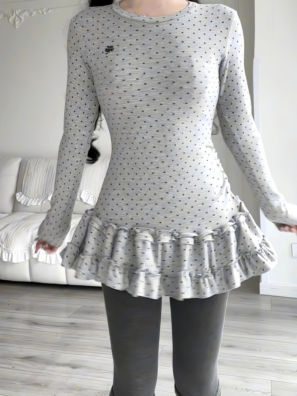 Sub Era Vintage Korean Polka Dot Layered Skirt Hem Women's Long Sleeve T-shirts