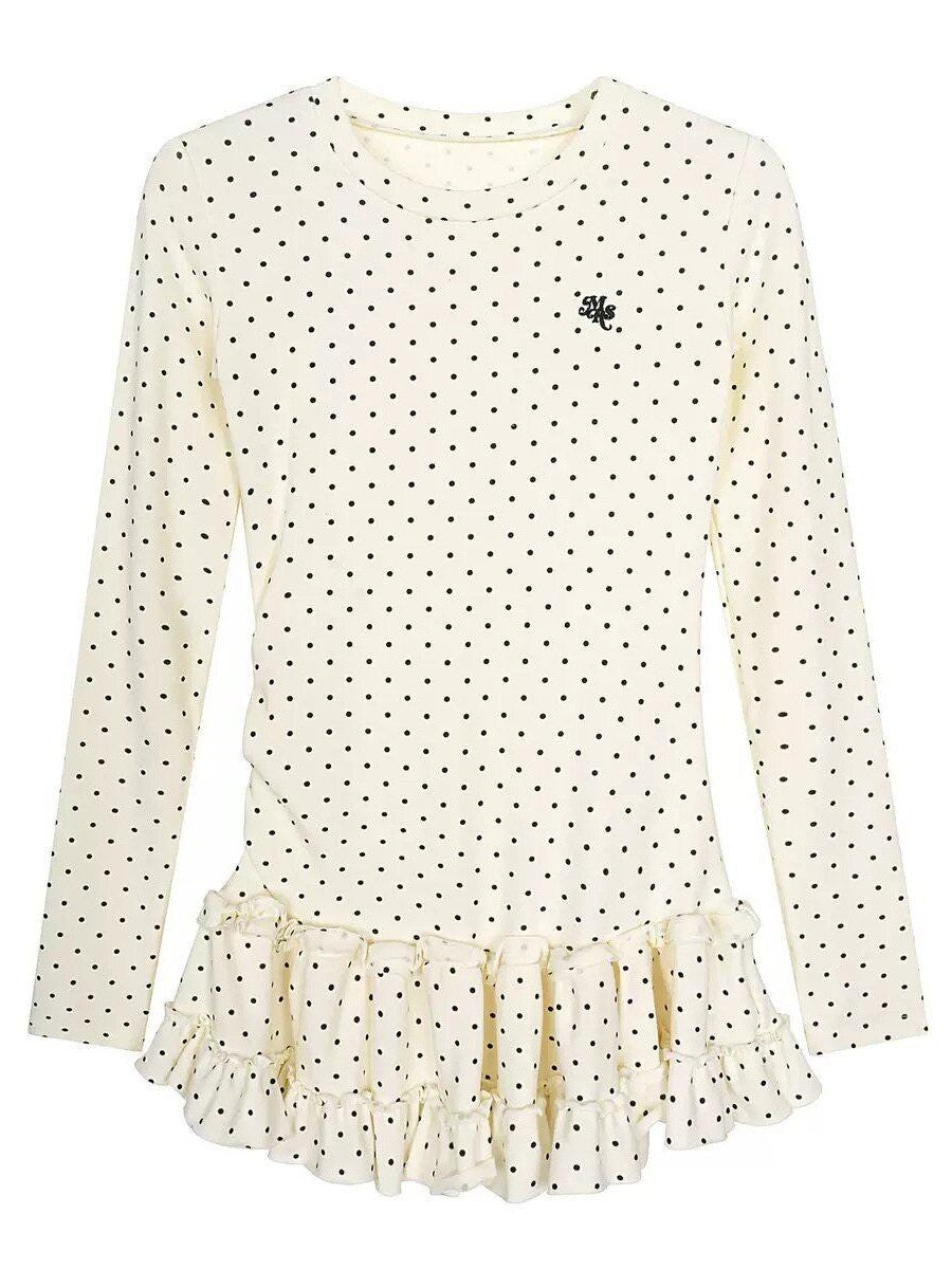Sub Era Vintage Korean Polka Dot Layered Skirt Hem Women's Long Sleeve T-shirts