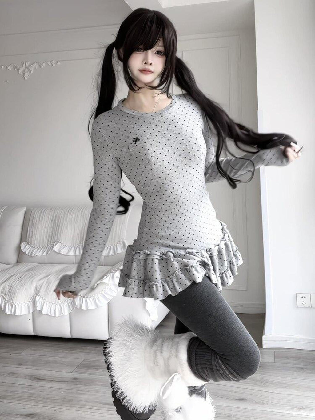 Sub Era Vintage Korean Polka Dot Layered Skirt Hem Women's Long Sleeve T-shirts
