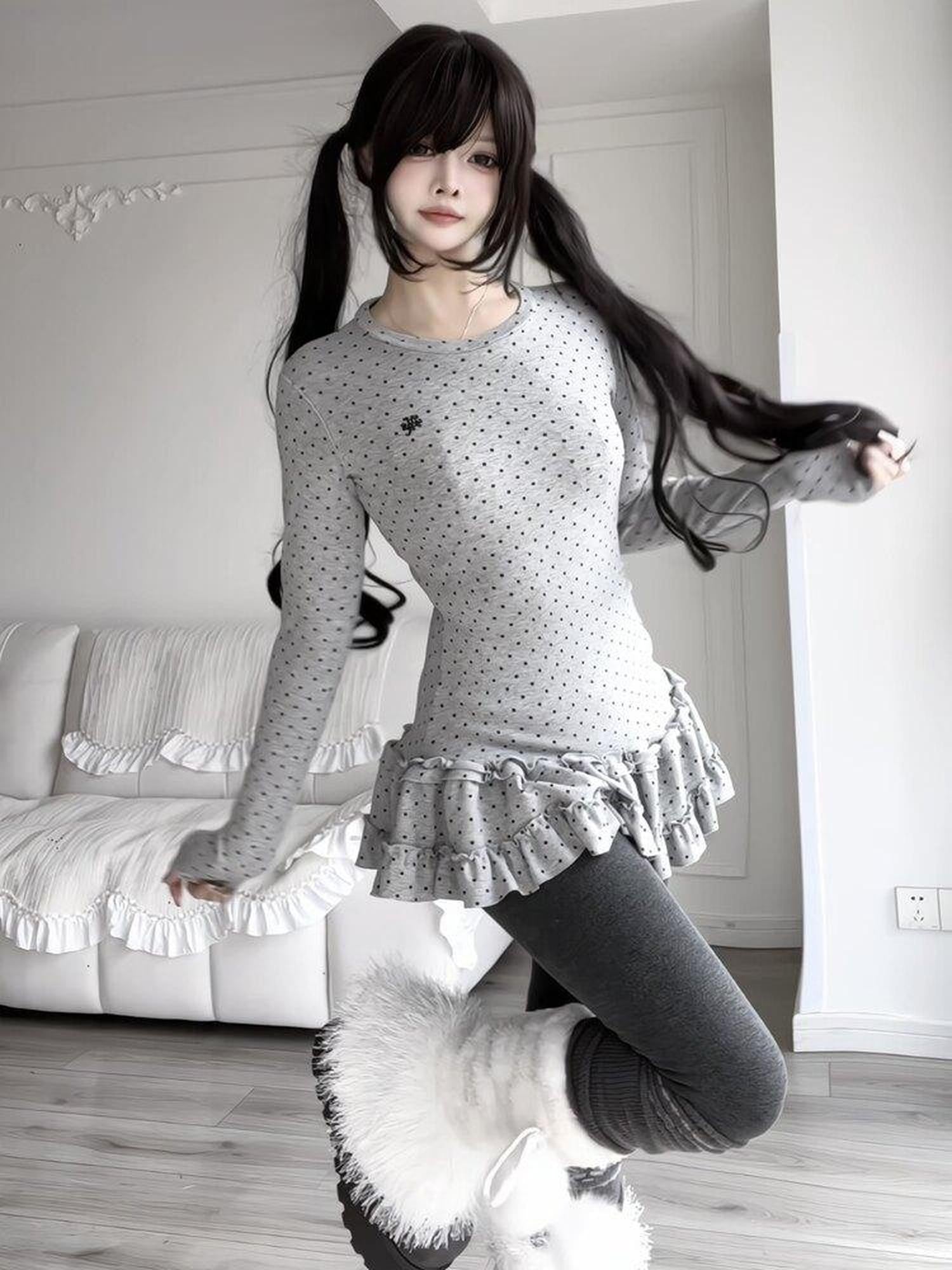 Sub Era Vintage Korean Polka Dot Layered Skirt Hem Women's Long Sleeve T-shirts