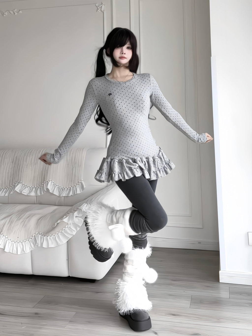 Sub Era Vintage Korean Polka Dot Layered Skirt Hem Women's Long Sleeve T-shirts