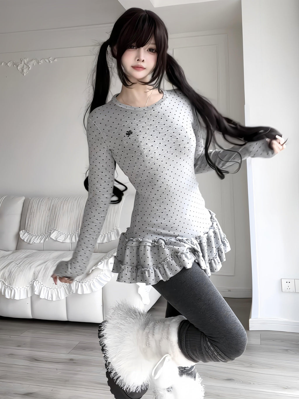Sub Era Vintage Korean Polka Dot Layered Skirt Hem Women's Long Sleeve T-shirts