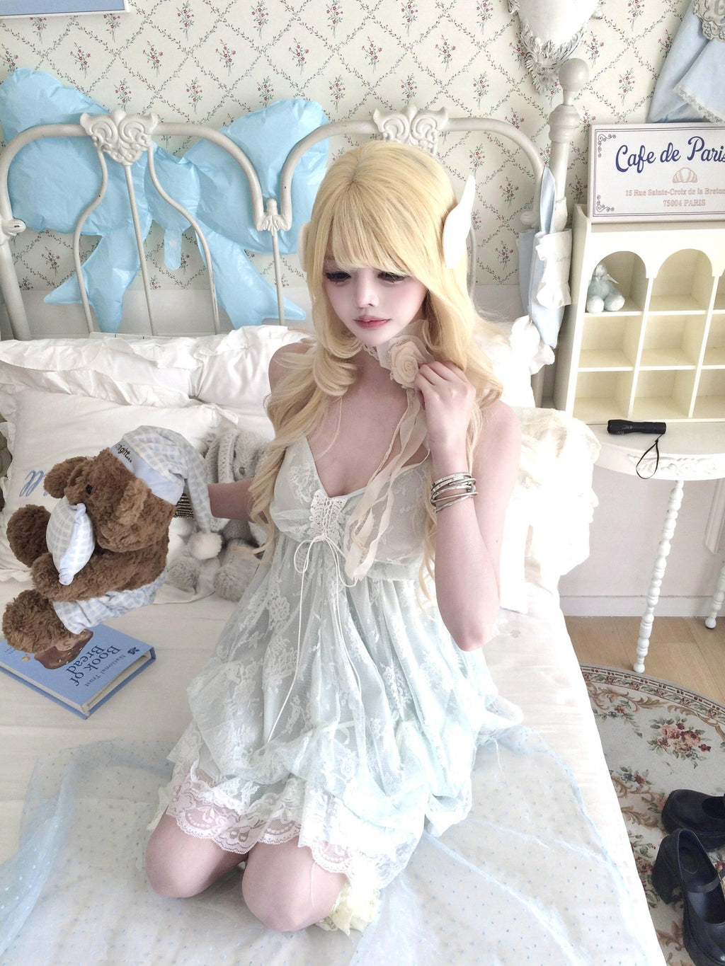Sub Era Water Blue French Lace Long Sleeve Cinched Waist Women's Slip Mini Dresses