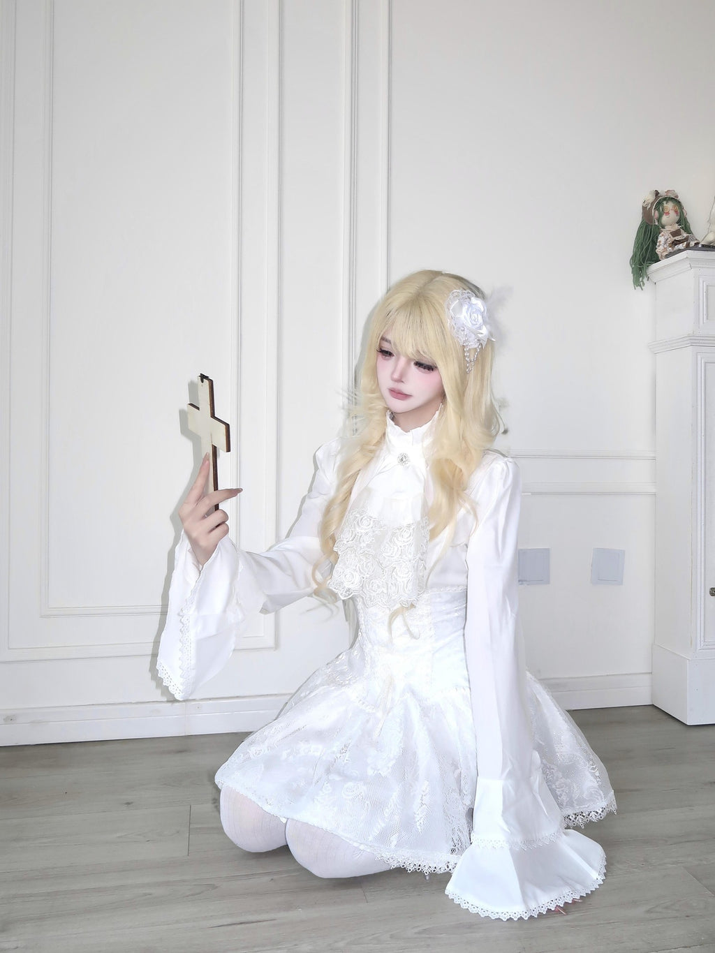 Sub Era White Gothic Jabot Bell Sleeve High Waist Tie Women's Matching Skirt Sets