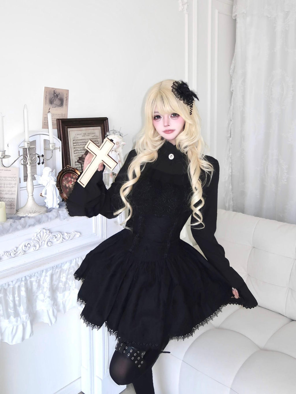 Sub Era White Gothic Jabot Bell Sleeve High Waist Tie Women's Matching Skirt Sets