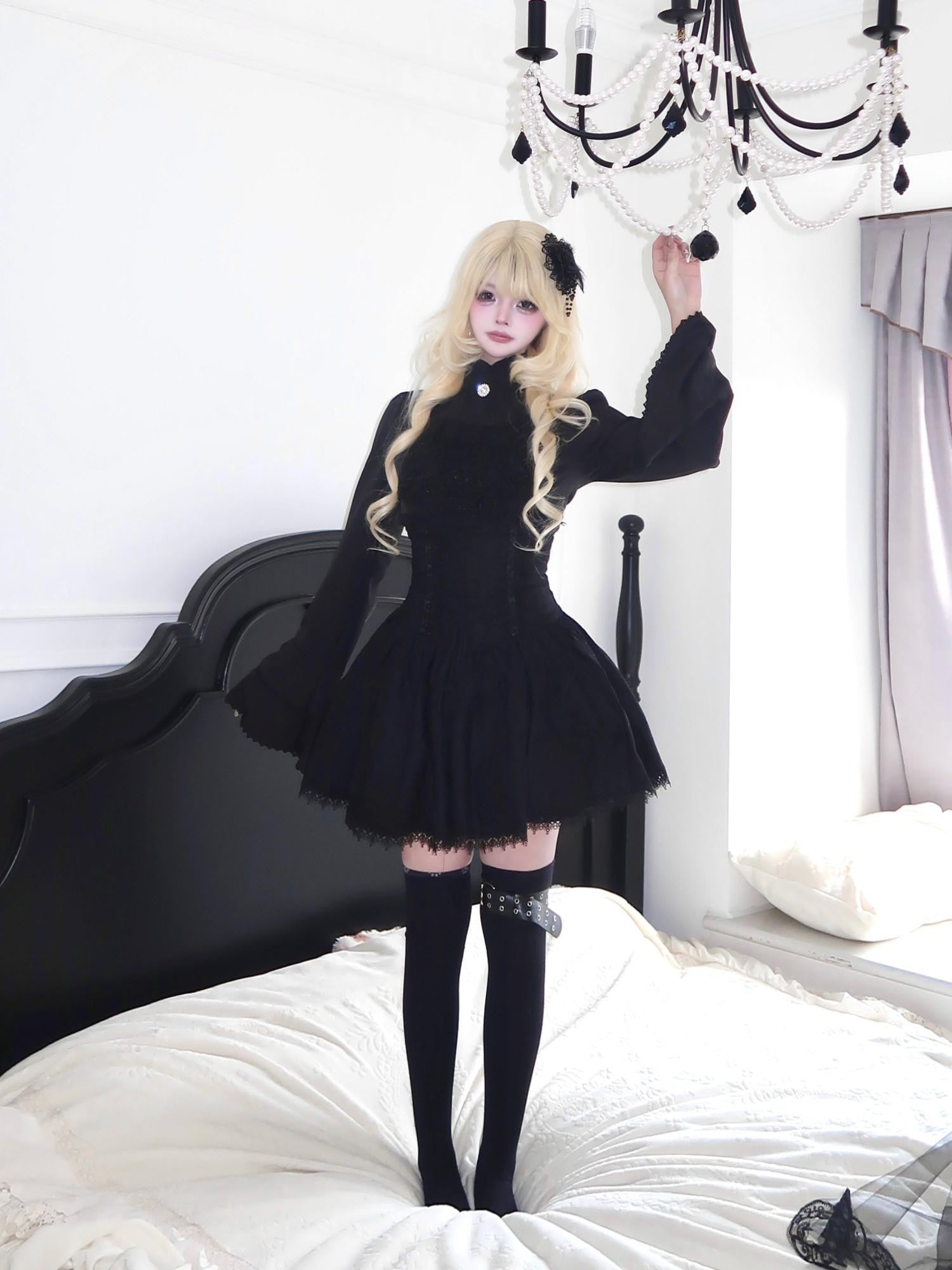 Sub Era White Gothic Jabot Bell Sleeve High Waist Tie Women's Matching Skirt Sets
